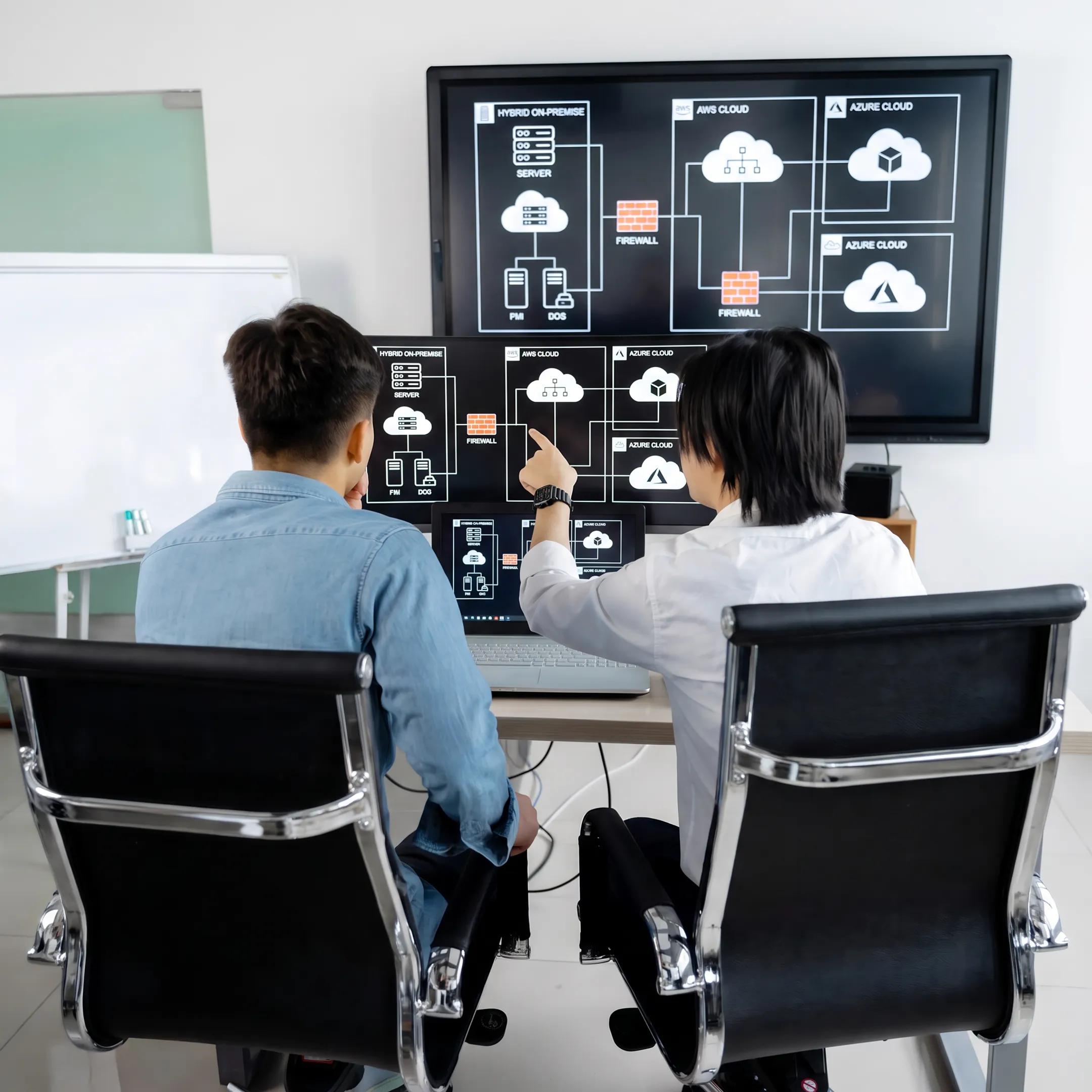 Consultants reviewing cloud infrastructure strategy with business technology leaders