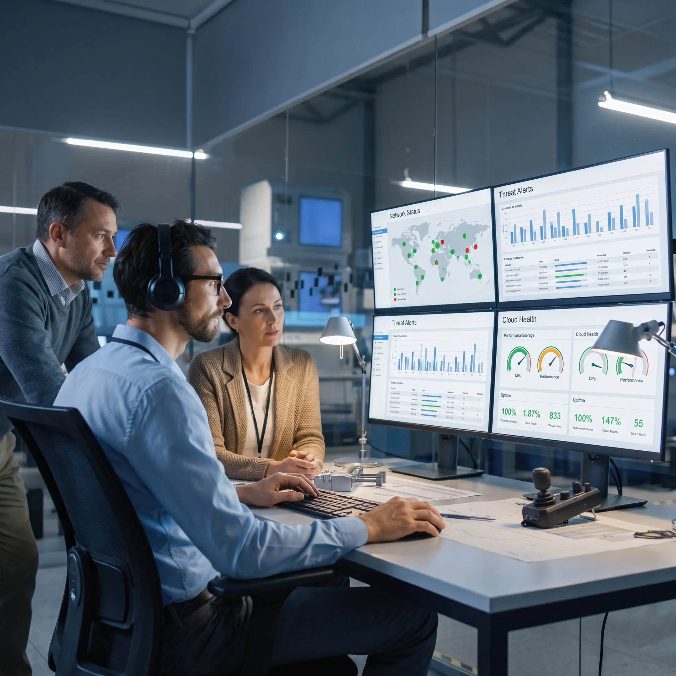 IT specialist monitoring secure business systems on multiple computer screens