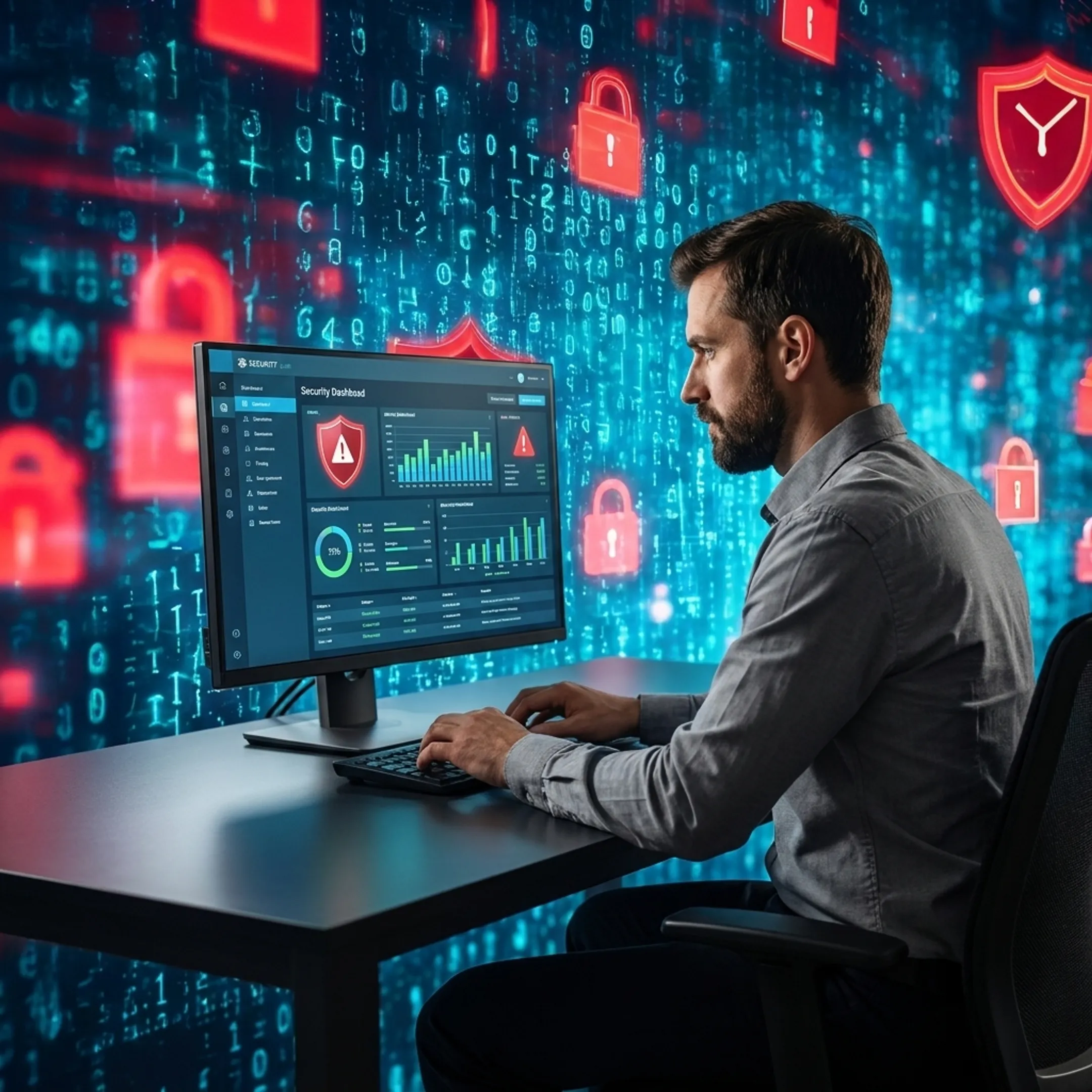 IT security professional reviewing managed firewall protection and threat alerts