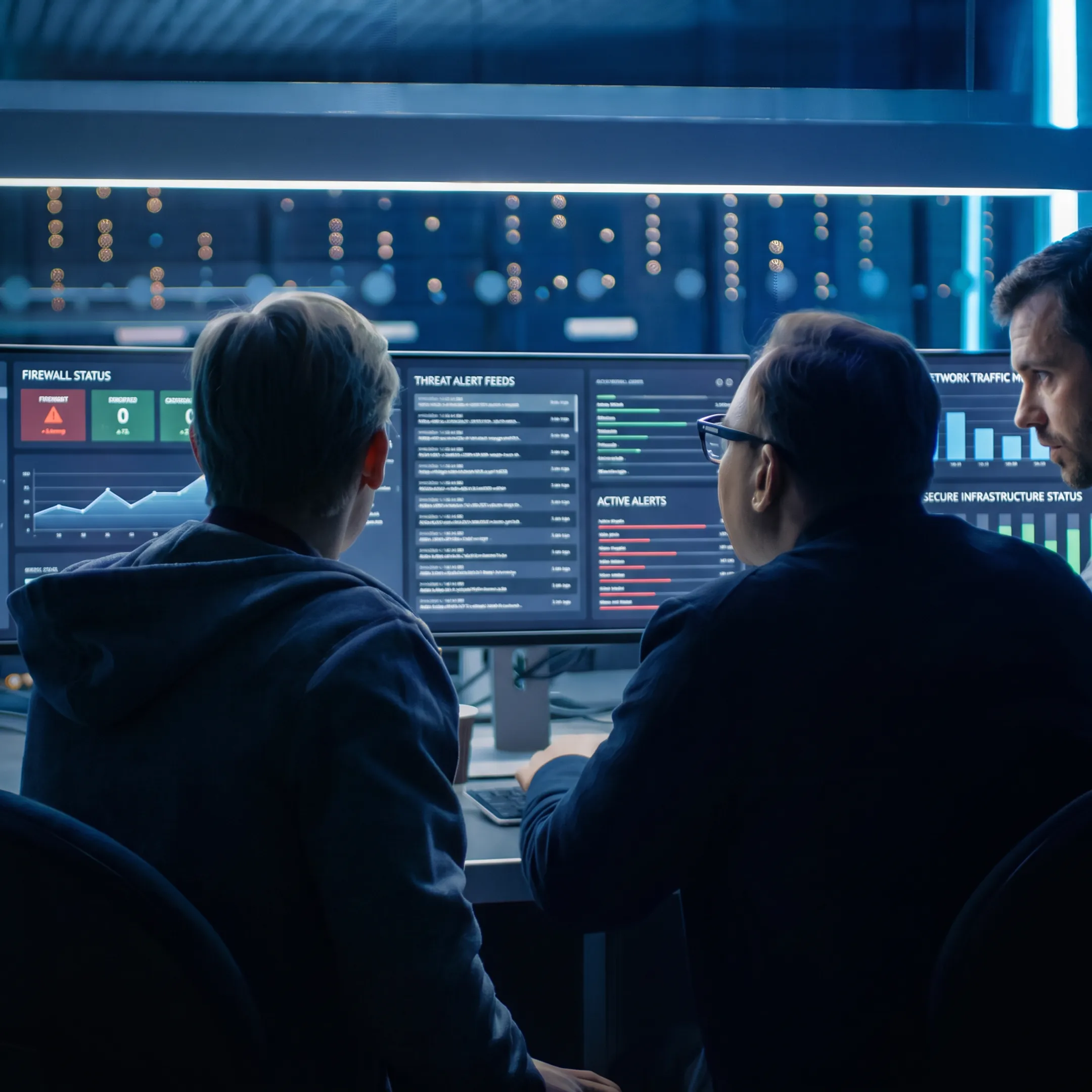 Cybersecurity specialist monitoring managed firewall activity on multiple screens
