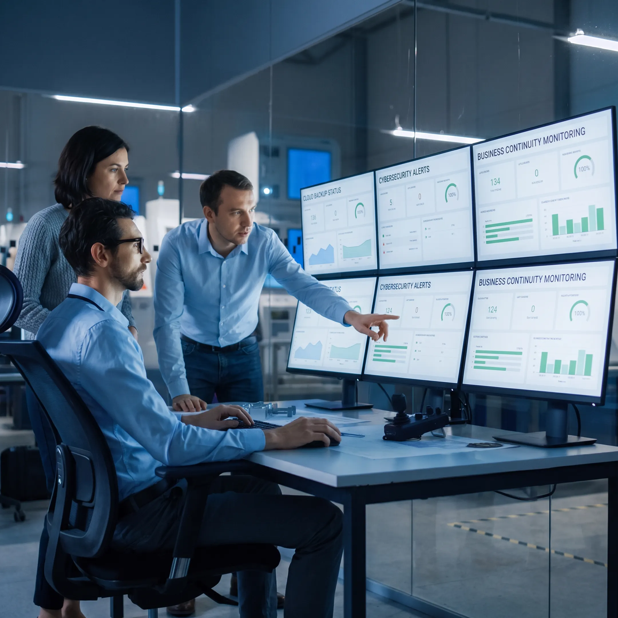 IT professionals monitoring business disaster recovery systems in a secure operations environment