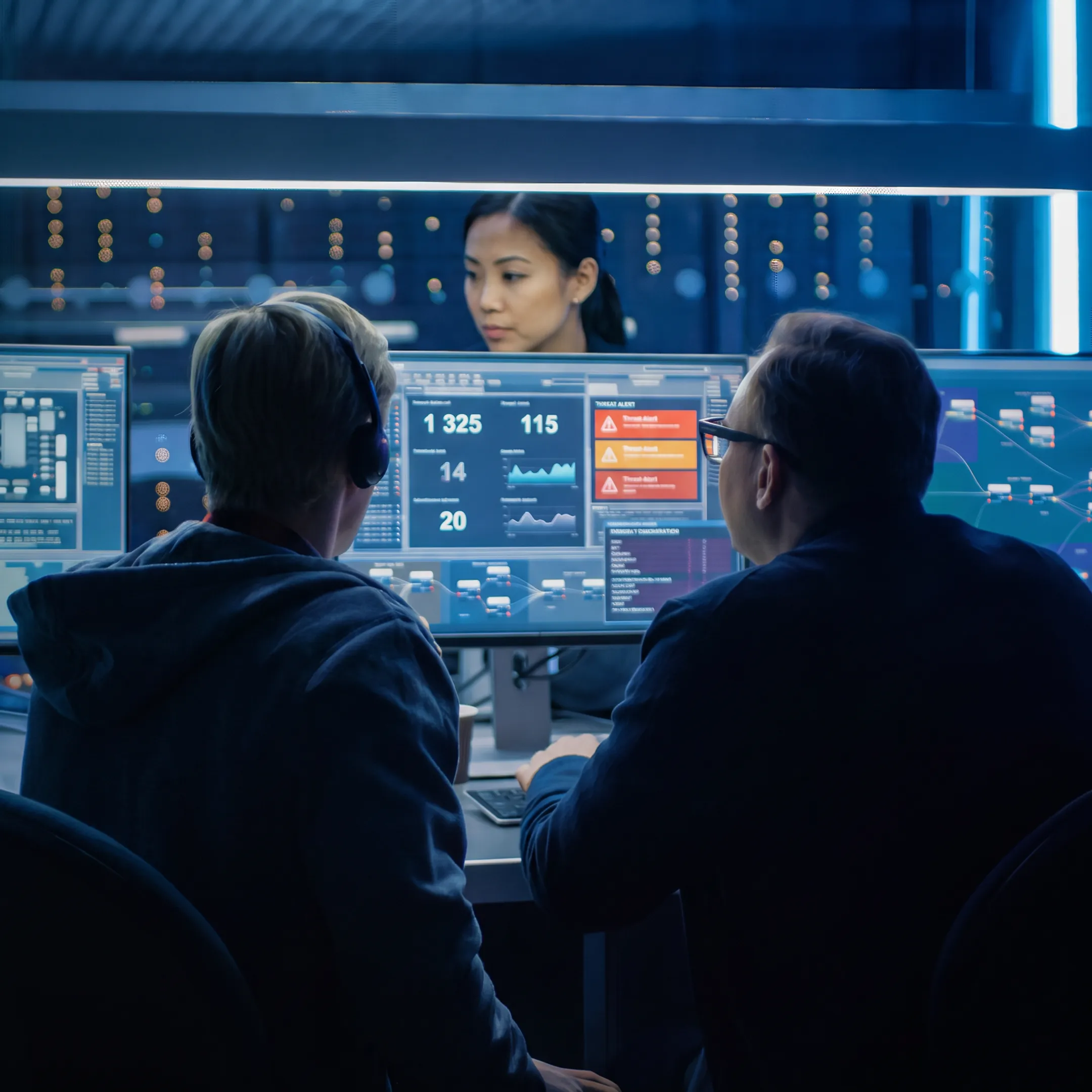 Security operations team monitoring business cyber threats on multiple screens