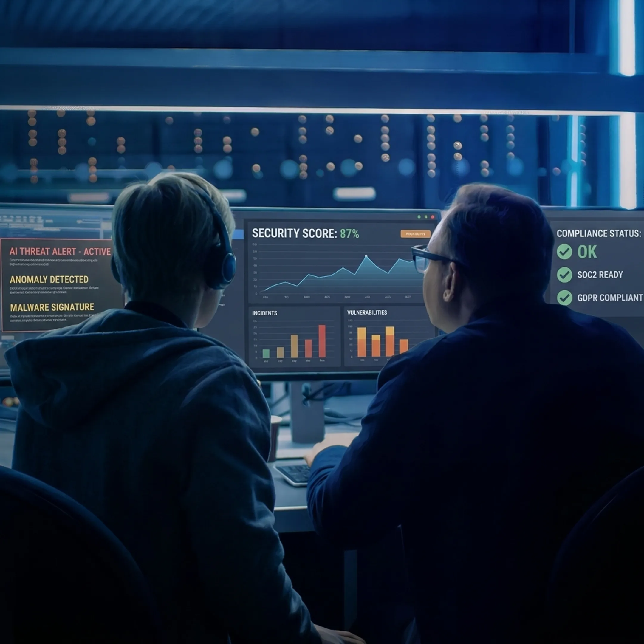 Cybersecurity professional reviewing threat detection dashboard