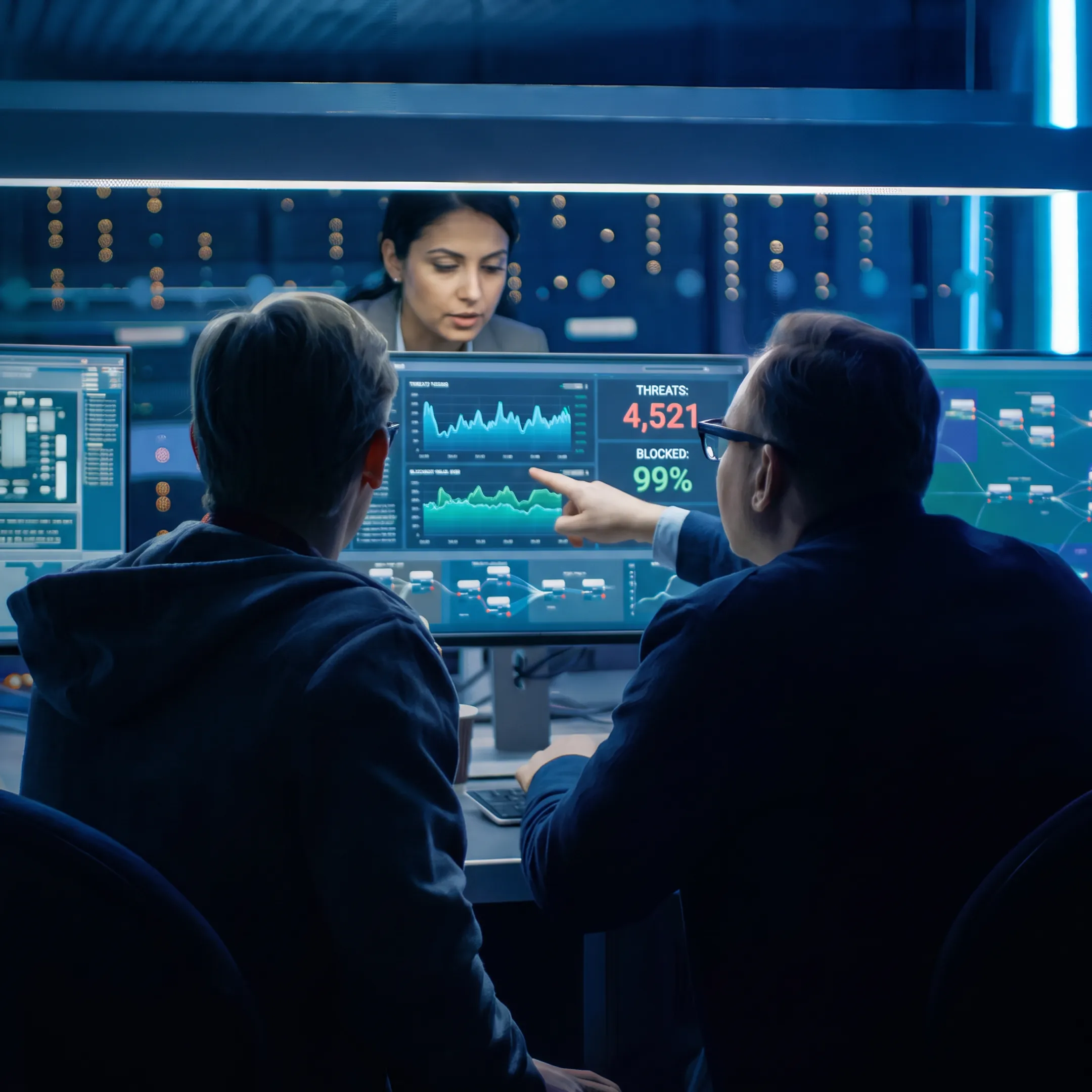 Security team monitoring business networks and cyber threats on multiple screens