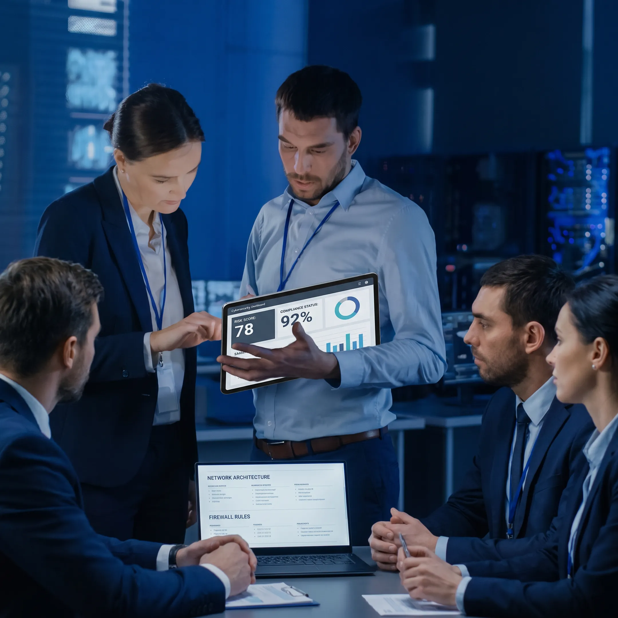 IT professionals reviewing business technology and cybersecurity assessment results
