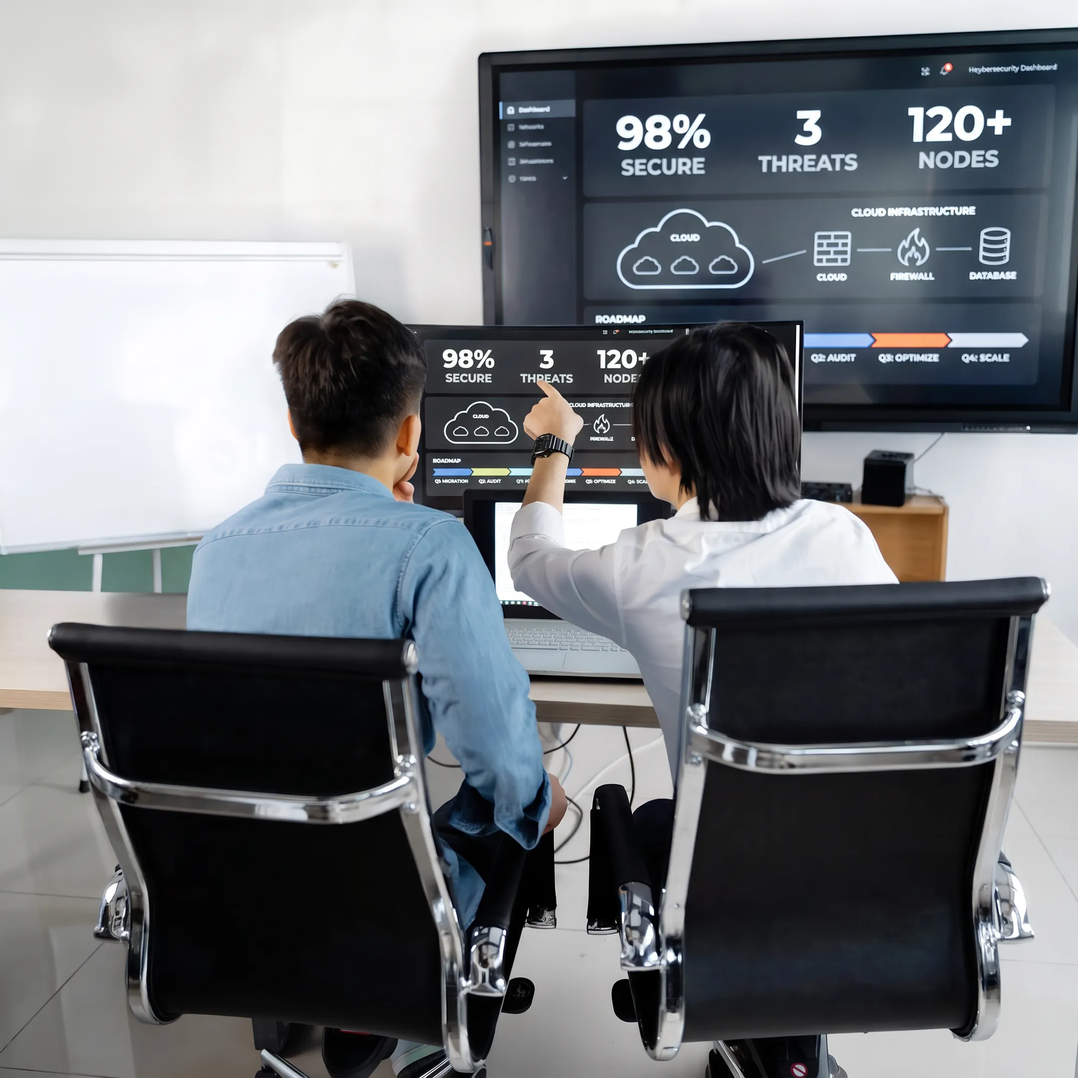 IT consultants reviewing business technology strategy on a computer screen
