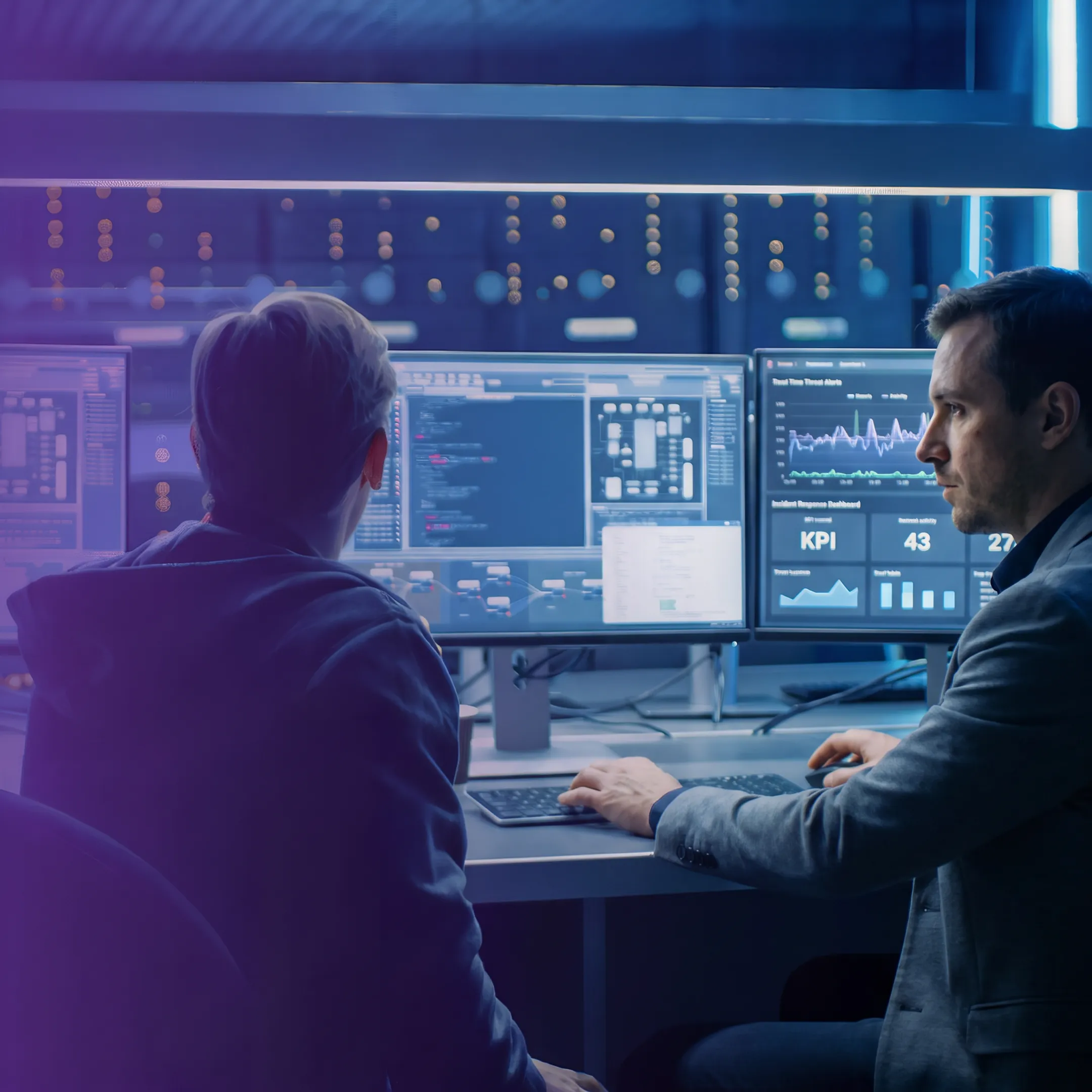 Security professionals monitoring business cyber threats on multiple screens