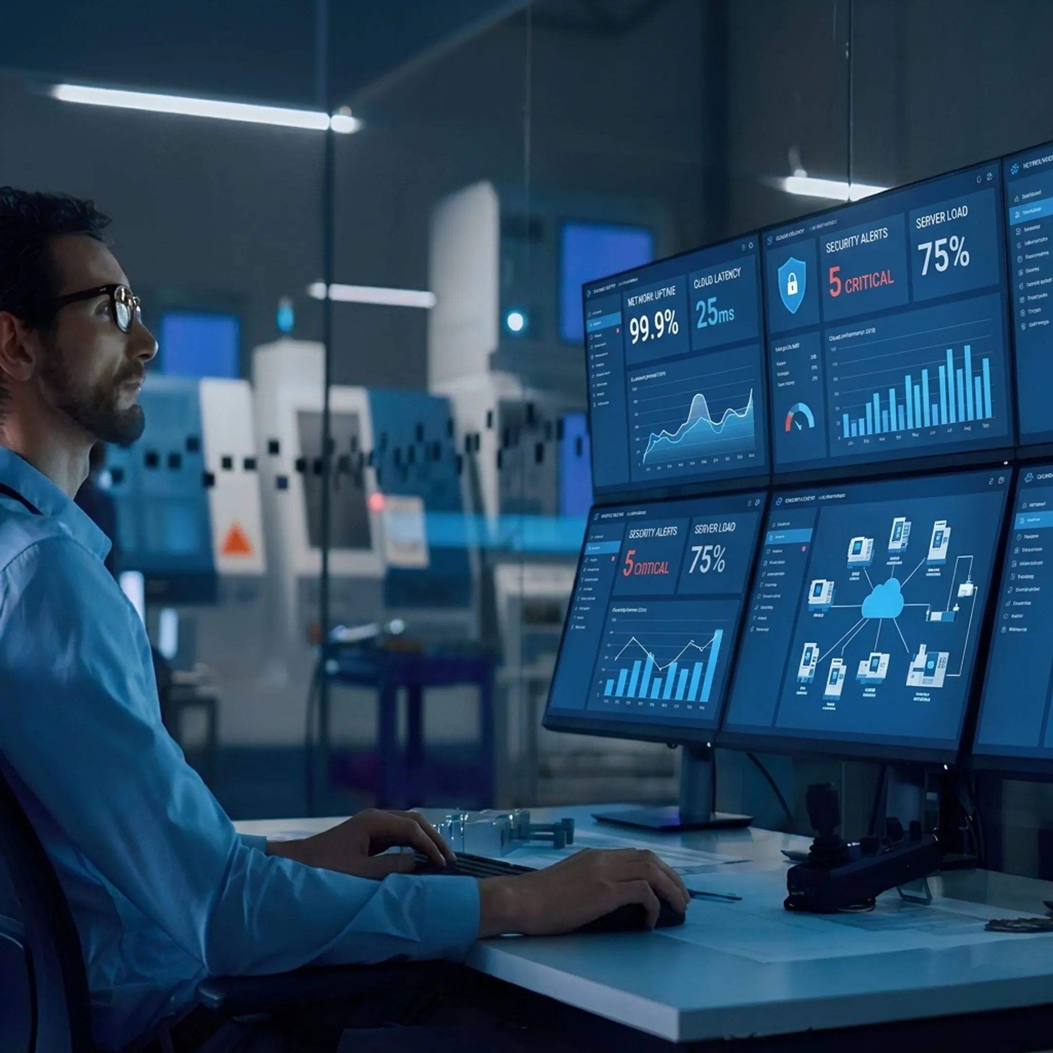 Managed IT professional reviewing manufacturing network security