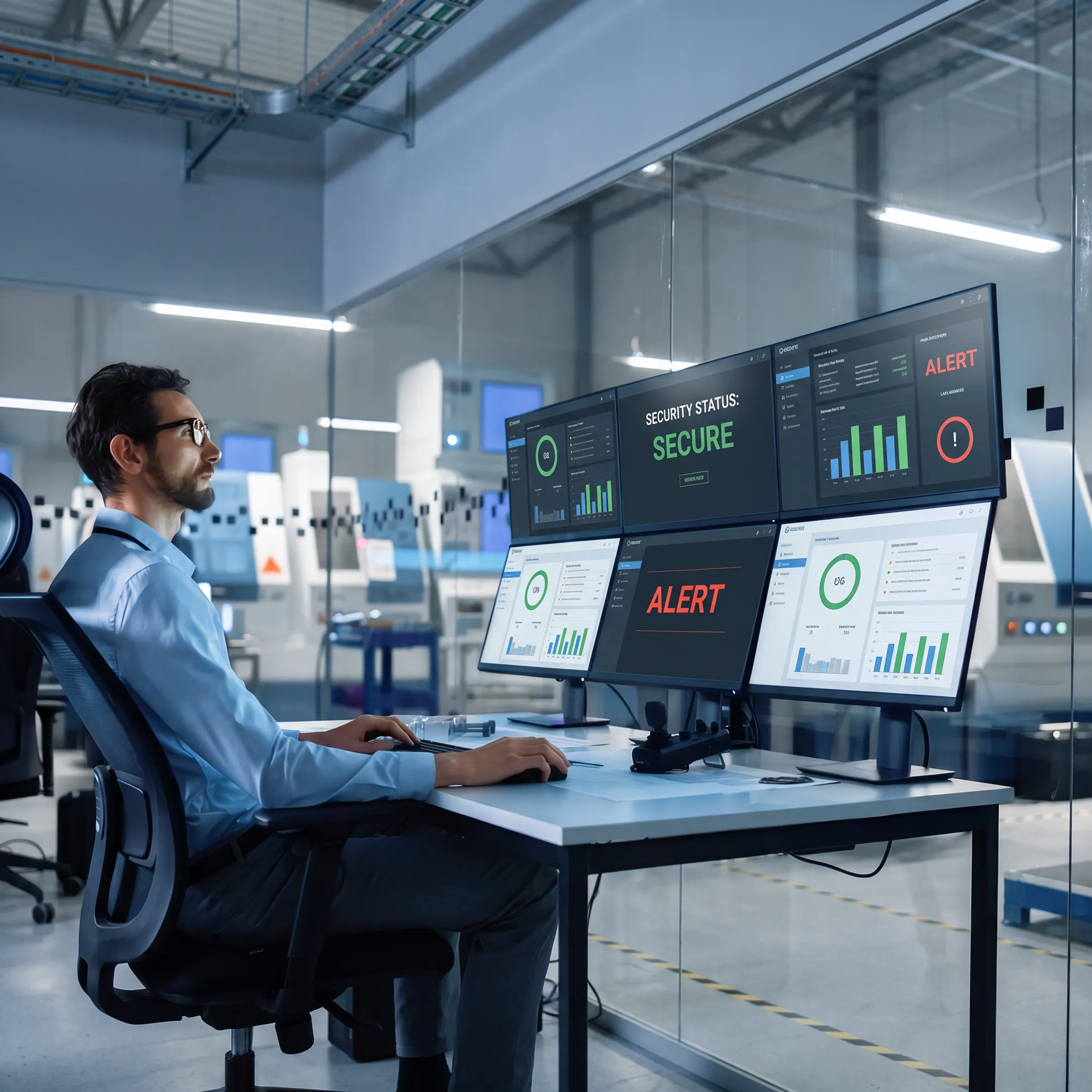 IT specialist monitoring secure manufacturing technology systems