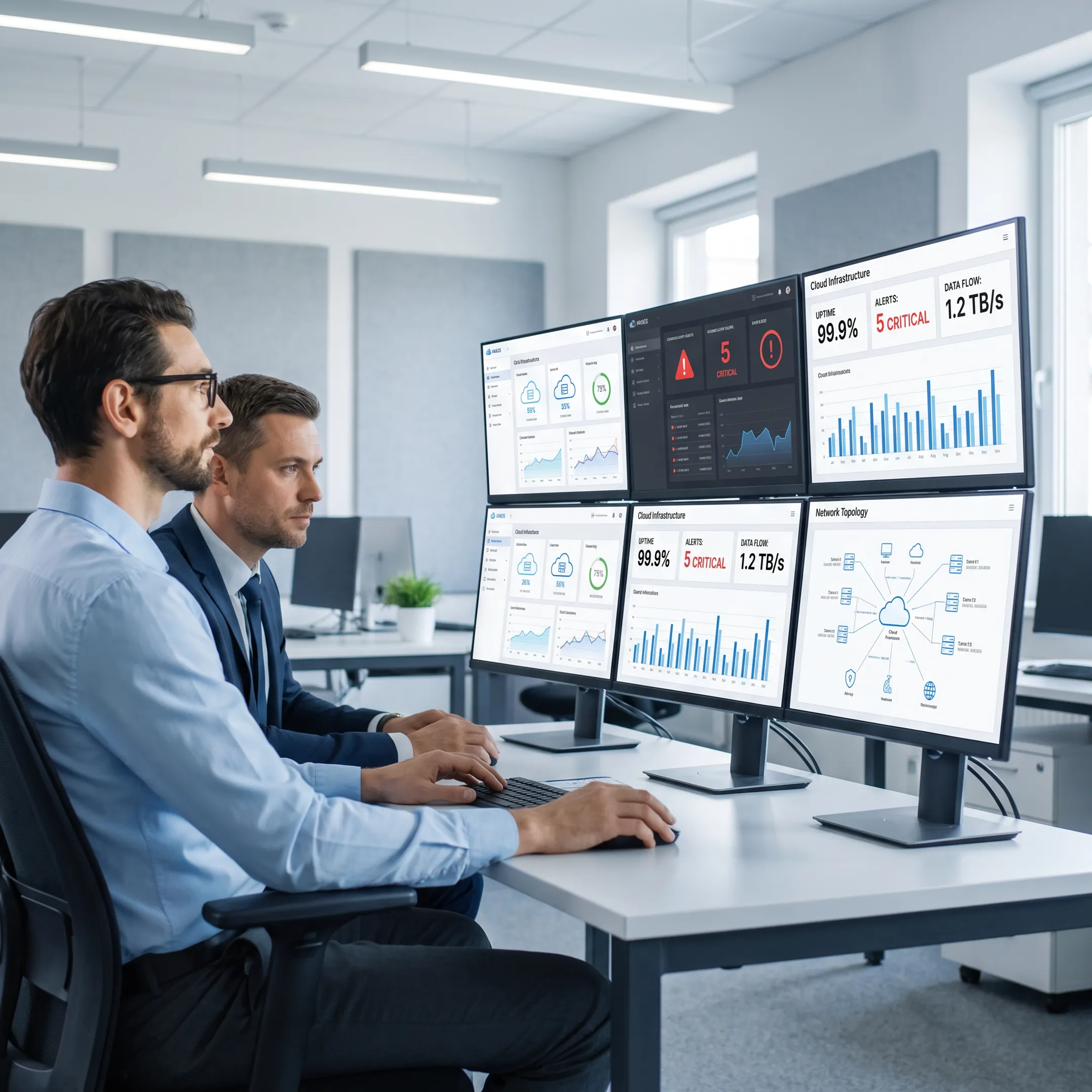 IT professionals monitoring secure business technology systems