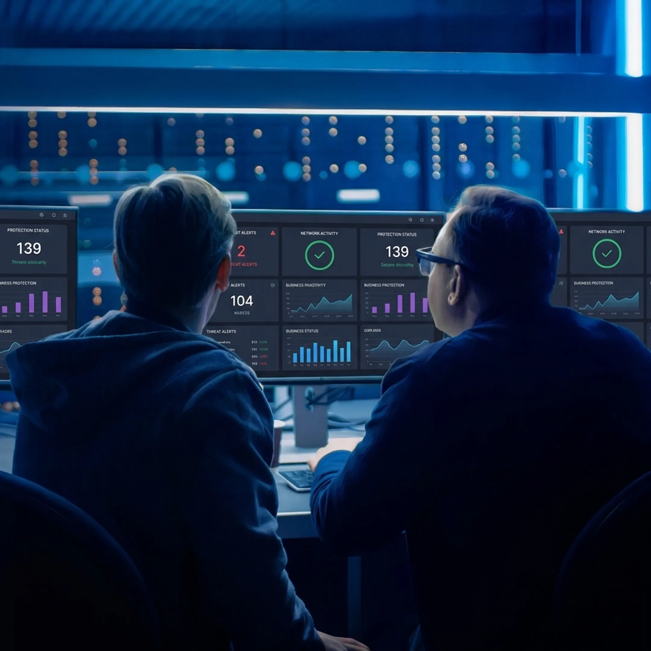 Security specialist analyzing cyber threat alerts on multiple monitors