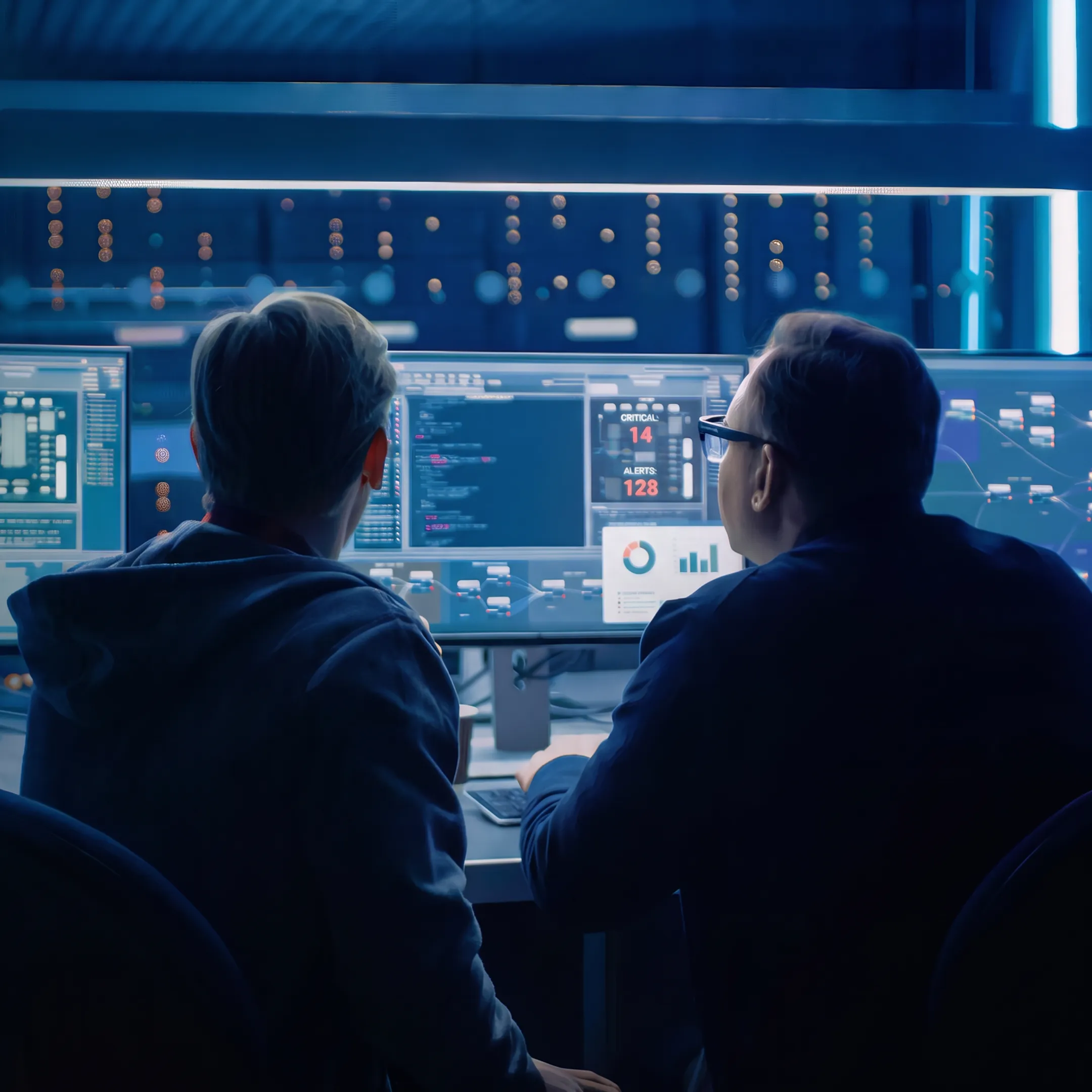 Security specialists reviewing managed cybersecurity dashboards for a business network