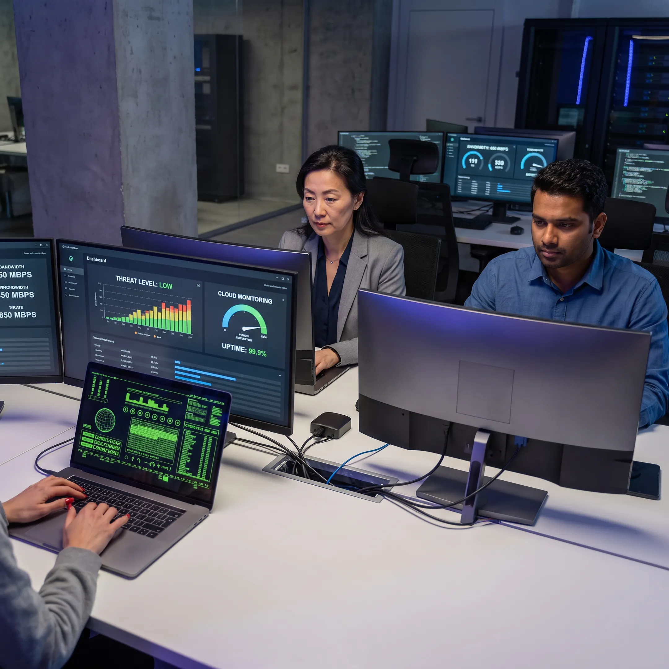 IT support specialists monitoring business systems and cybersecurity dashboards