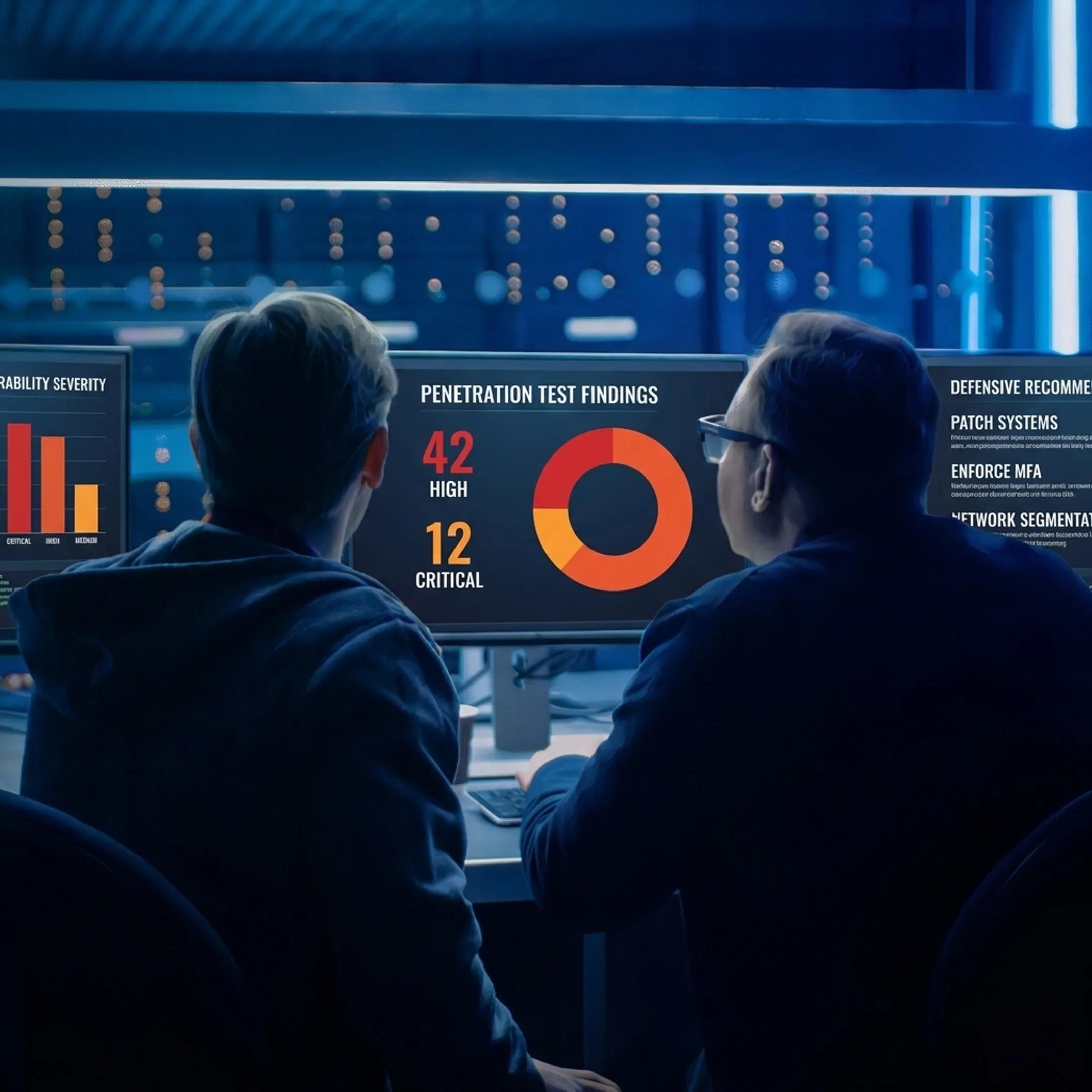 Security specialist analyzing penetration testing findings and vulnerability data