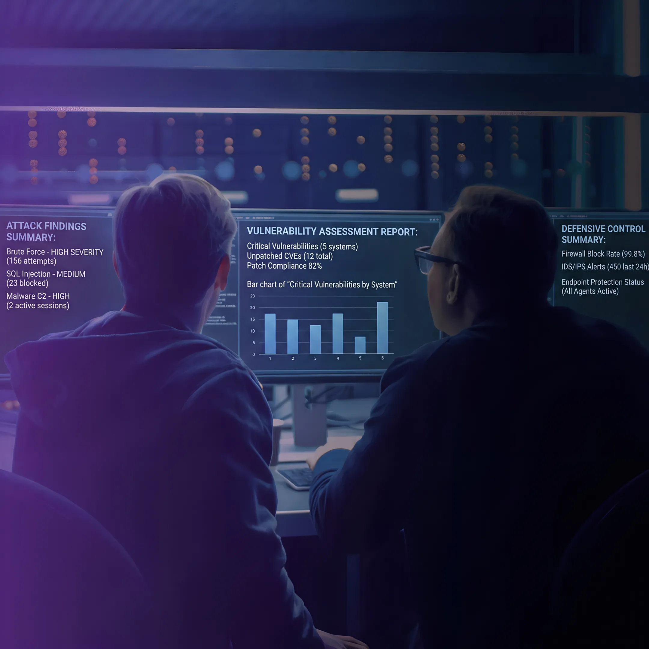 Cybersecurity professional reviewing penetration testing results on multiple monitors
