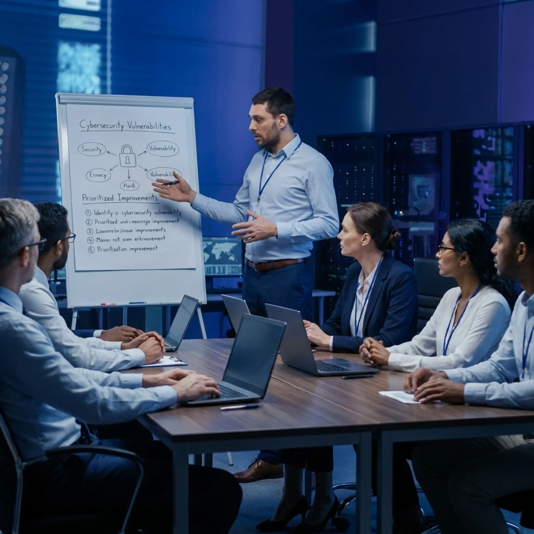 IT professional reviewing cybersecurity vulnerabilities with business team