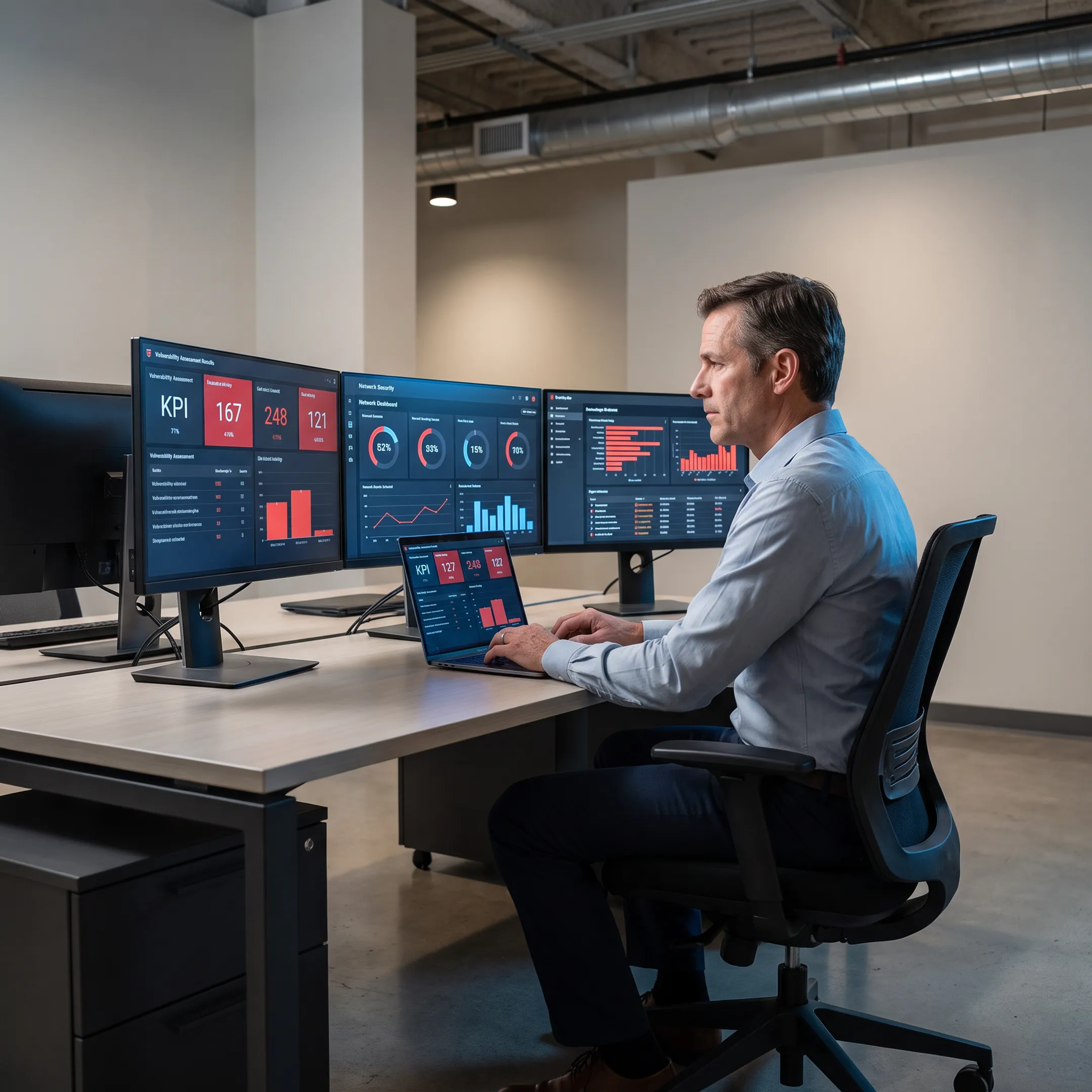 Cybersecurity specialist reviewing vulnerability assessment findings on monitors