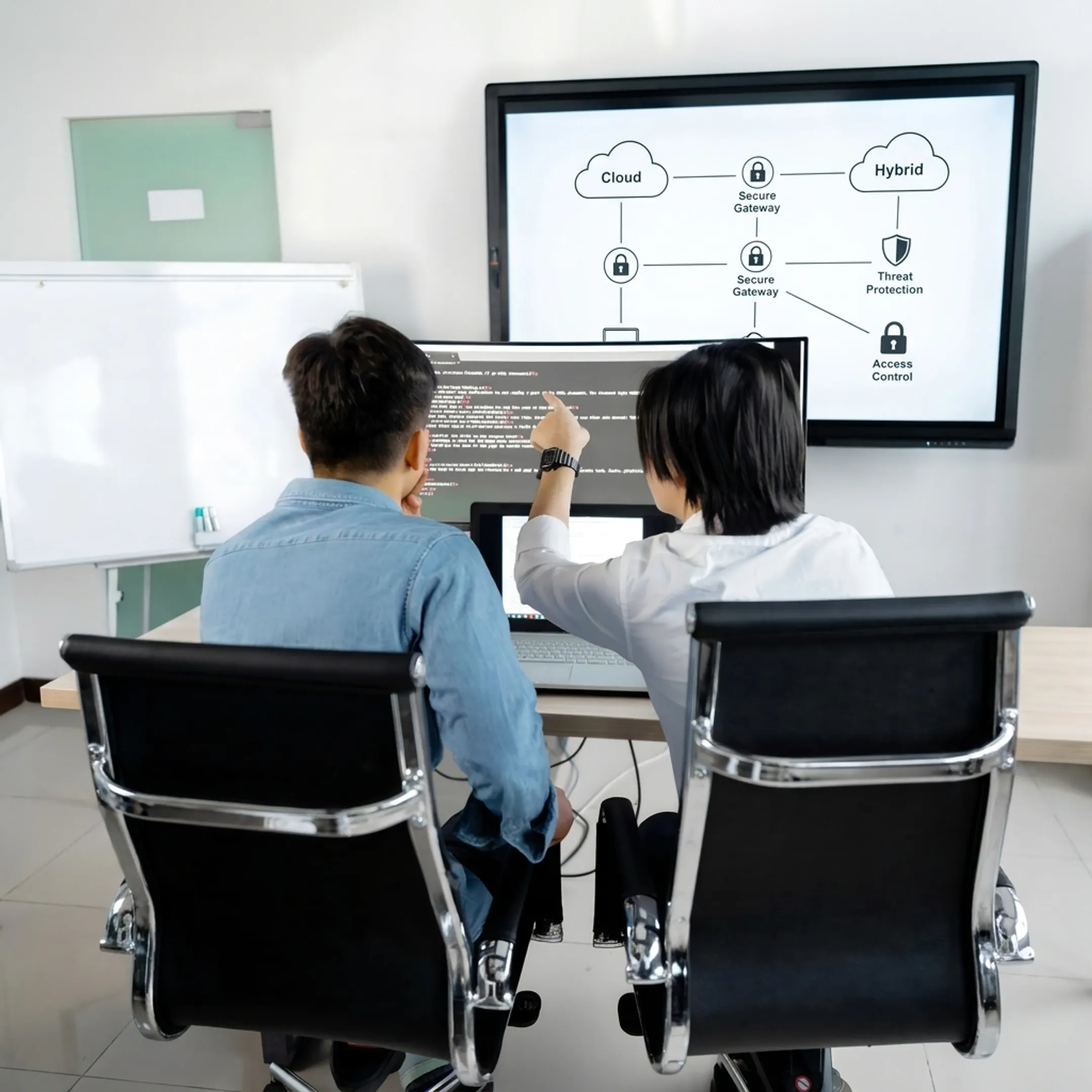 Consultant explaining cloud security strategy on a monitor