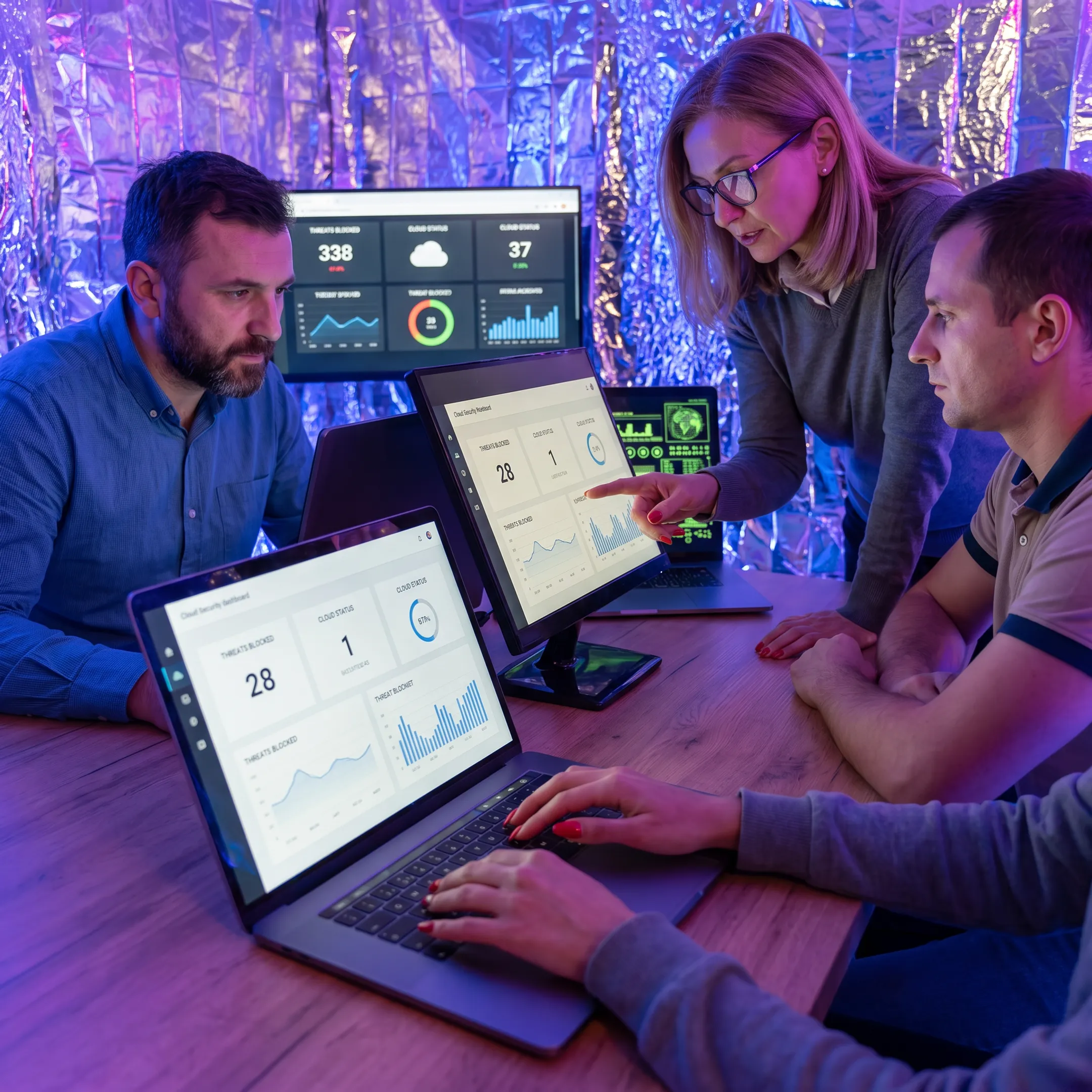 Security consultant reviewing cloud infrastructure dashboards with business team