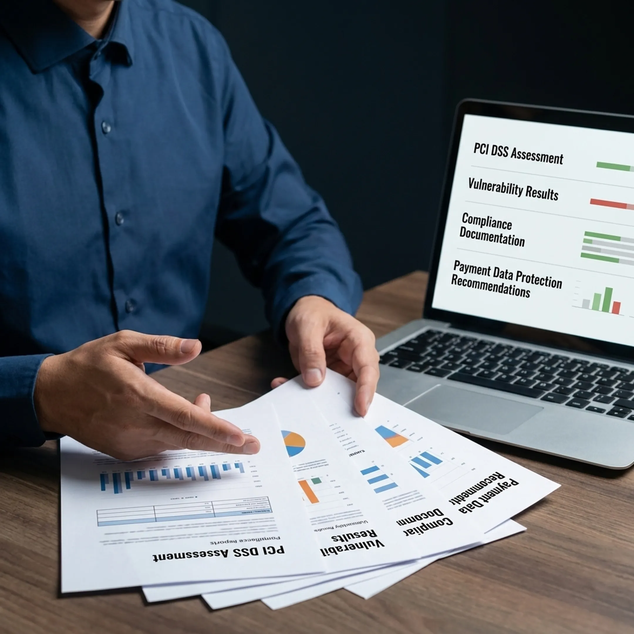 Consultant explaining PCI DSS security assessment findings to a business client