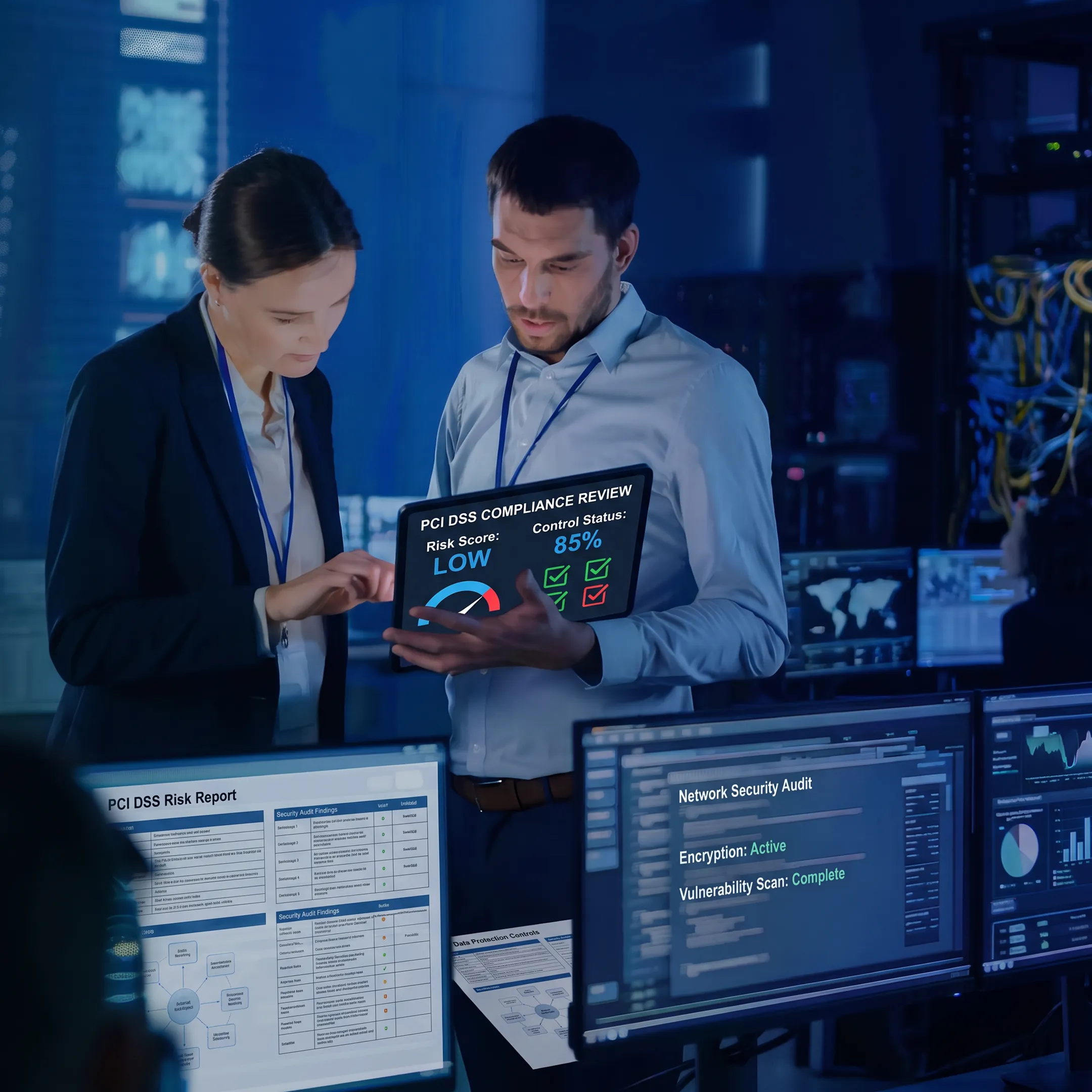 Cybersecurity consultant reviewing PCI DSS compliance controls with a business team