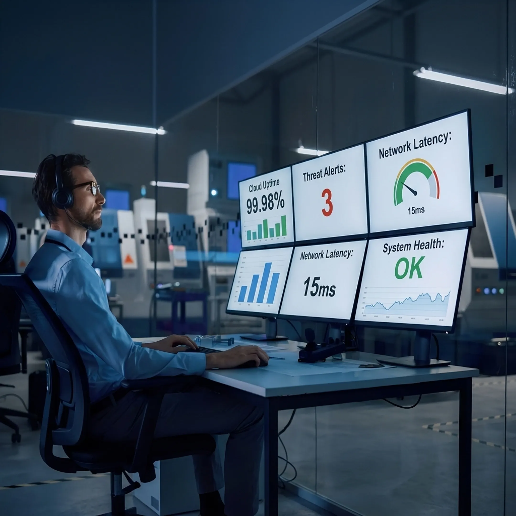 Technician managing secure business IT infrastructure