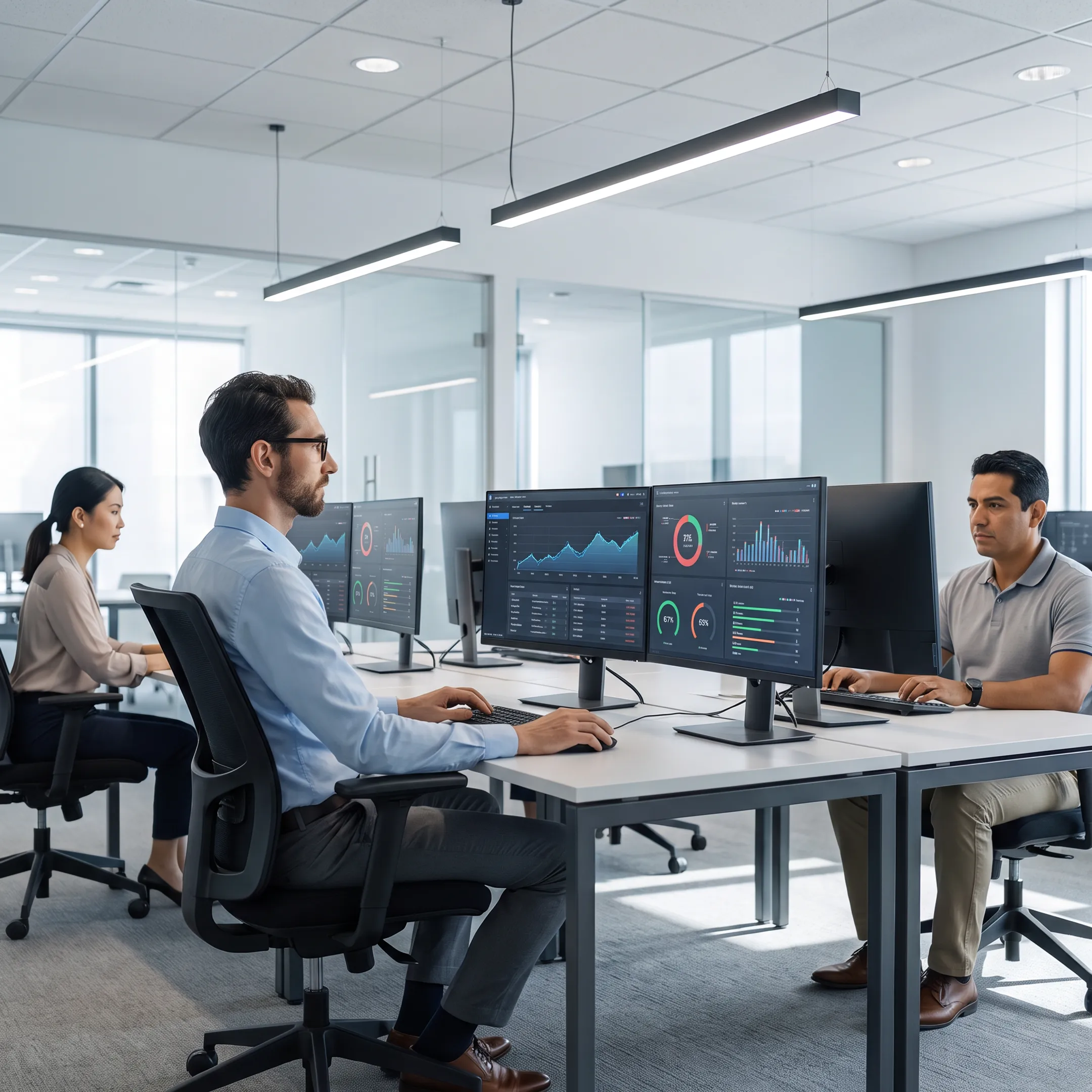 IT professionals monitoring secure business technology systems