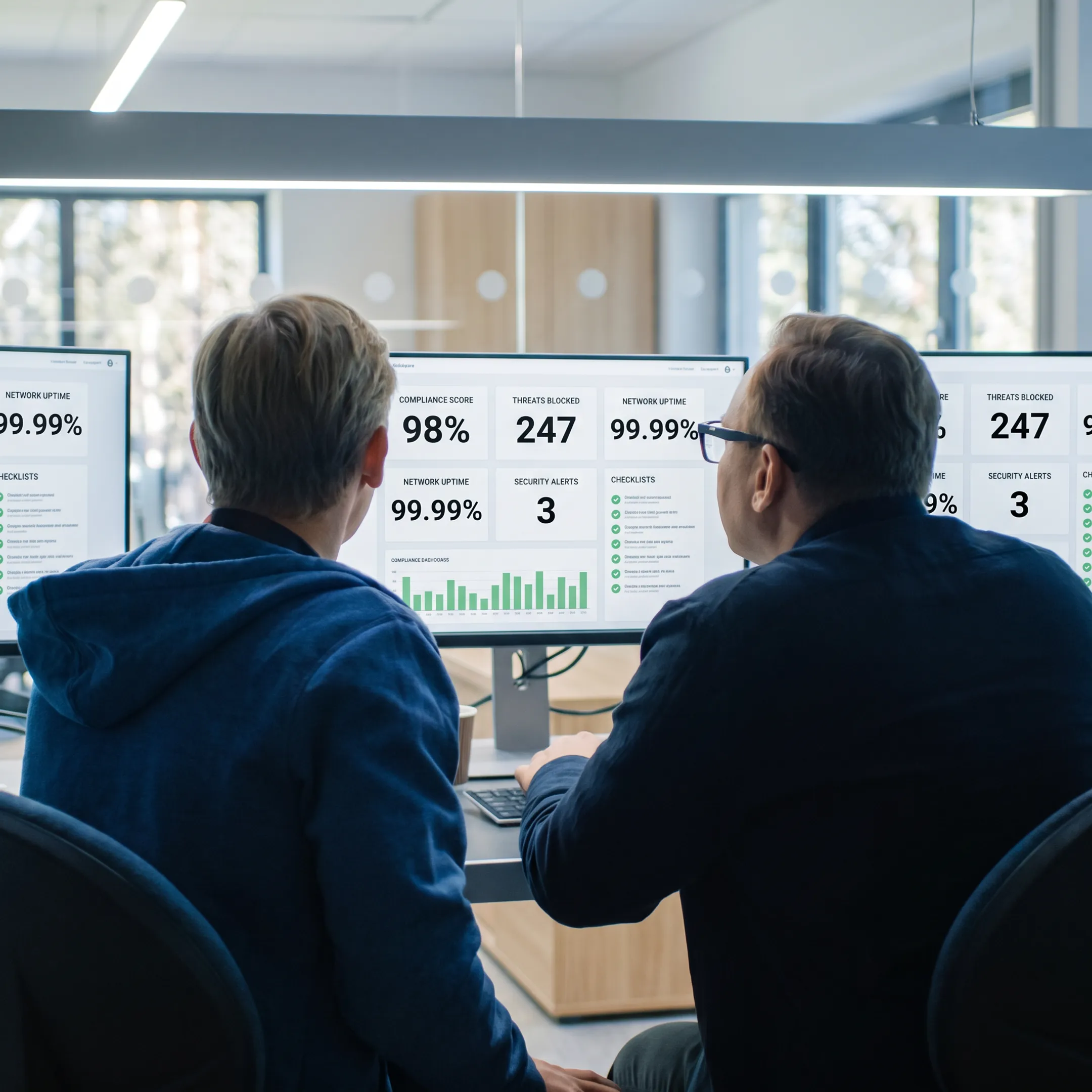IT professionals reviewing compliance dashboards and cybersecurity controls for a business network
