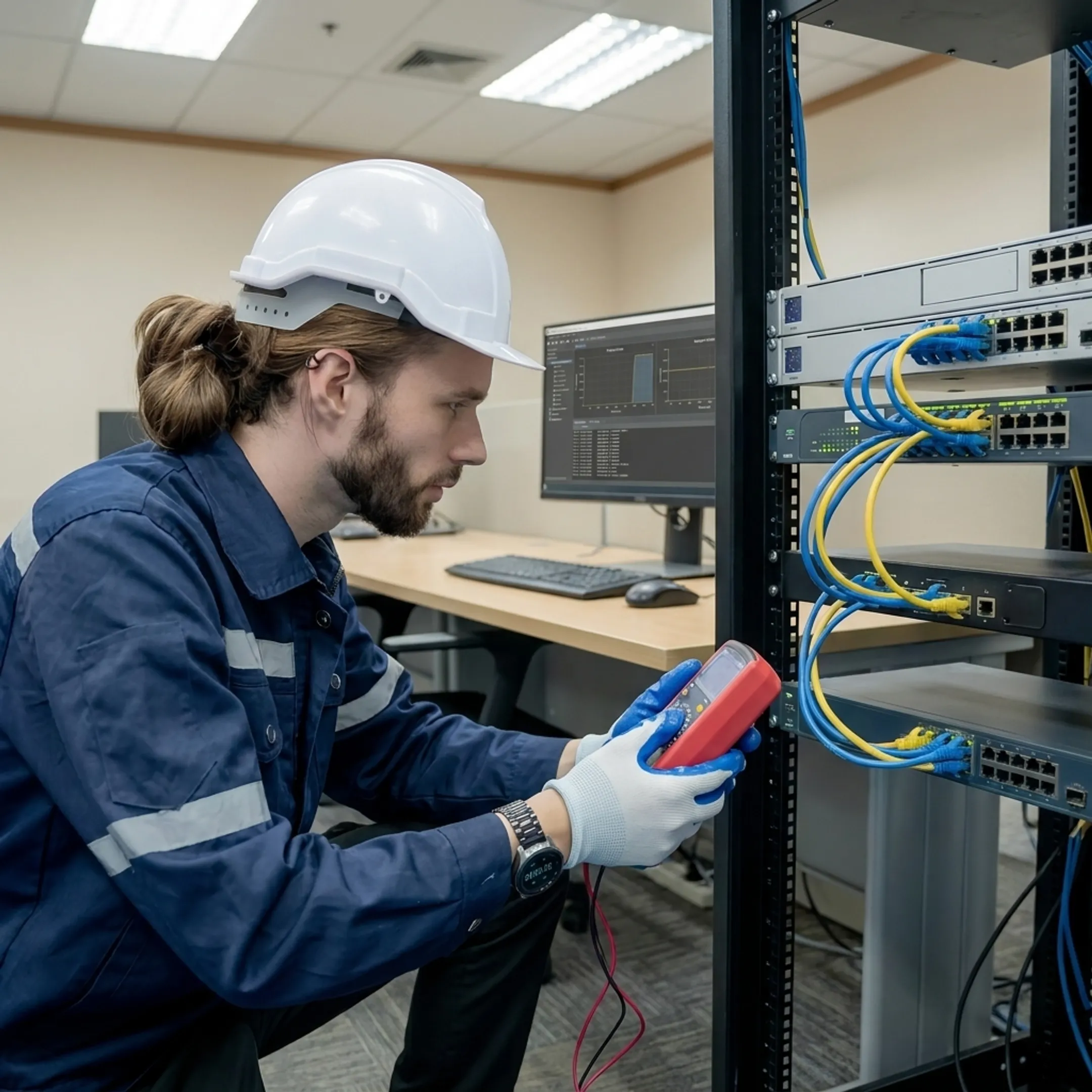 IT professional troubleshooting office technology onsite