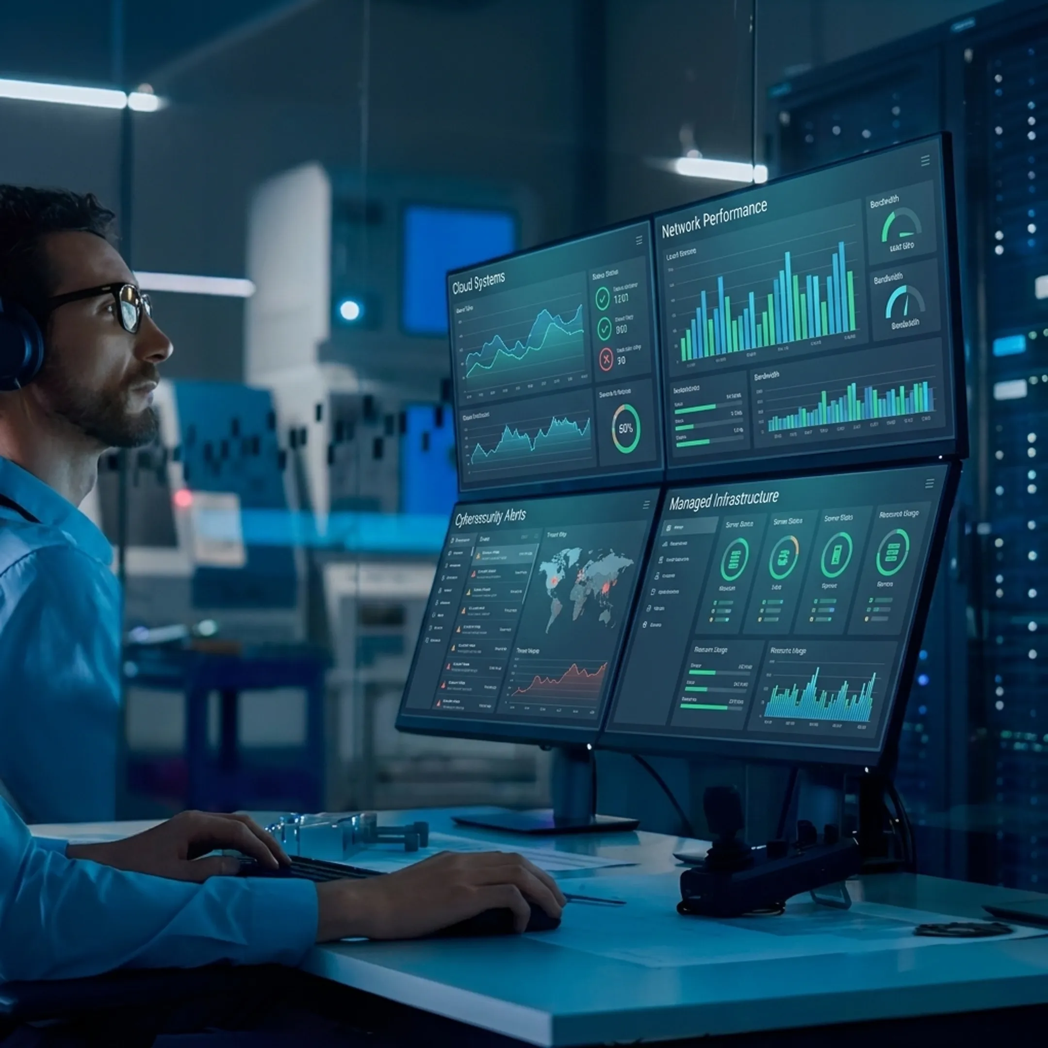 Technician managing secure cloud and network infrastructure