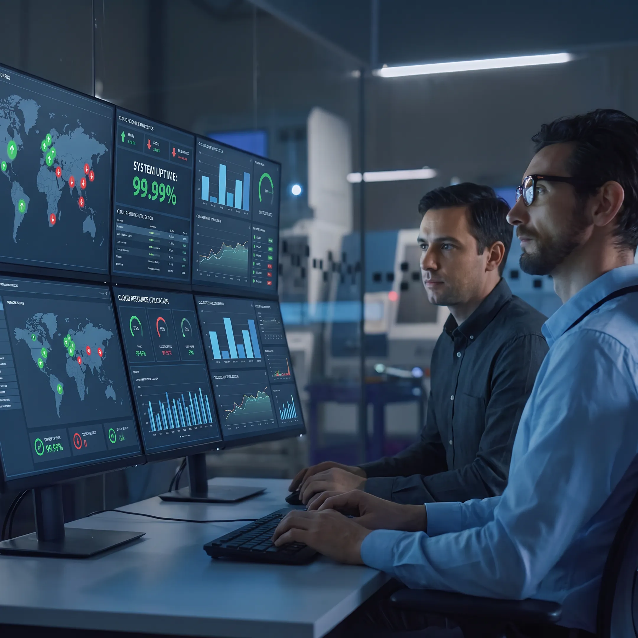 IT professionals monitoring business infrastructure and cybersecurity systems