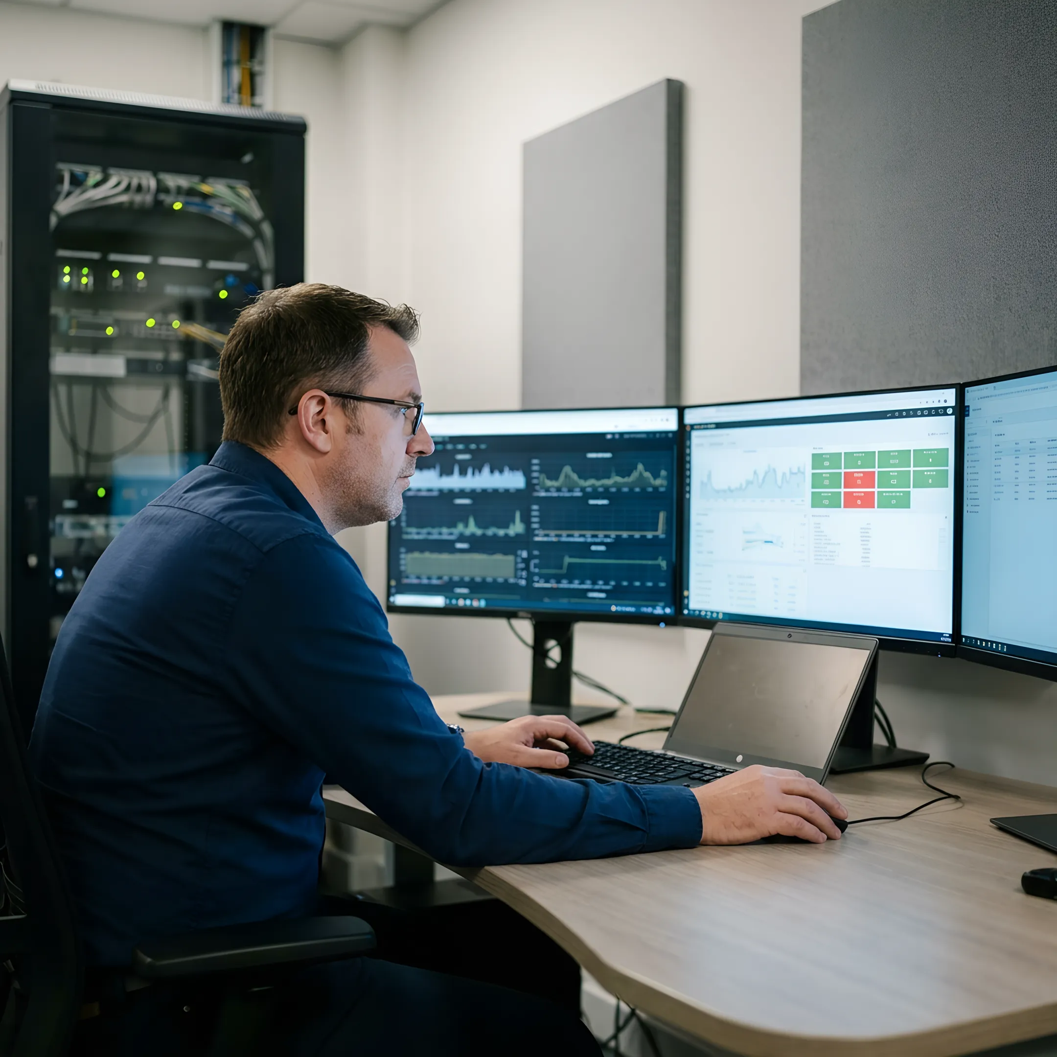 Technician monitoring a secure managed IT environment
