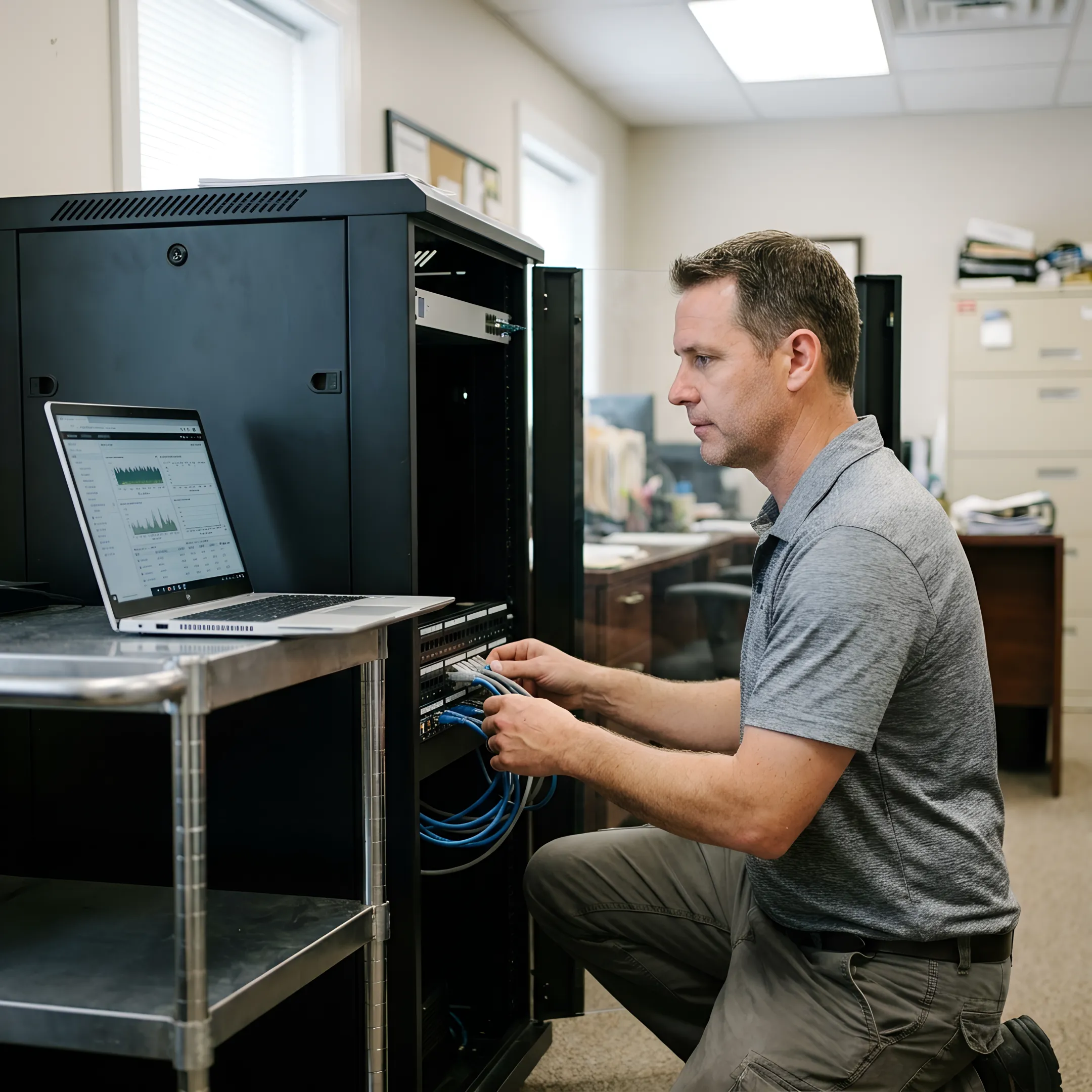 IT professional troubleshooting office technology onsite
