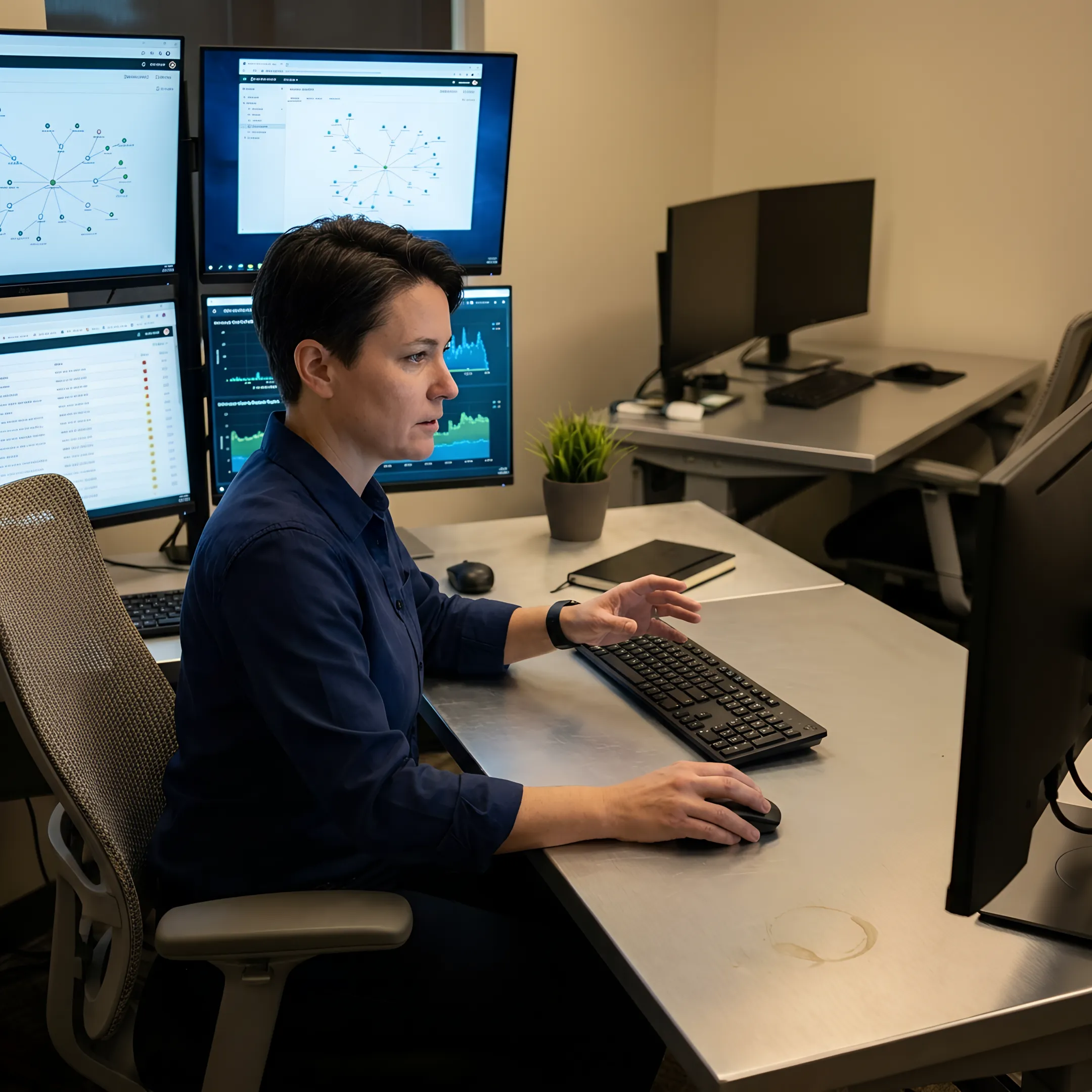 Security professional reviewing continuous business monitoring alerts