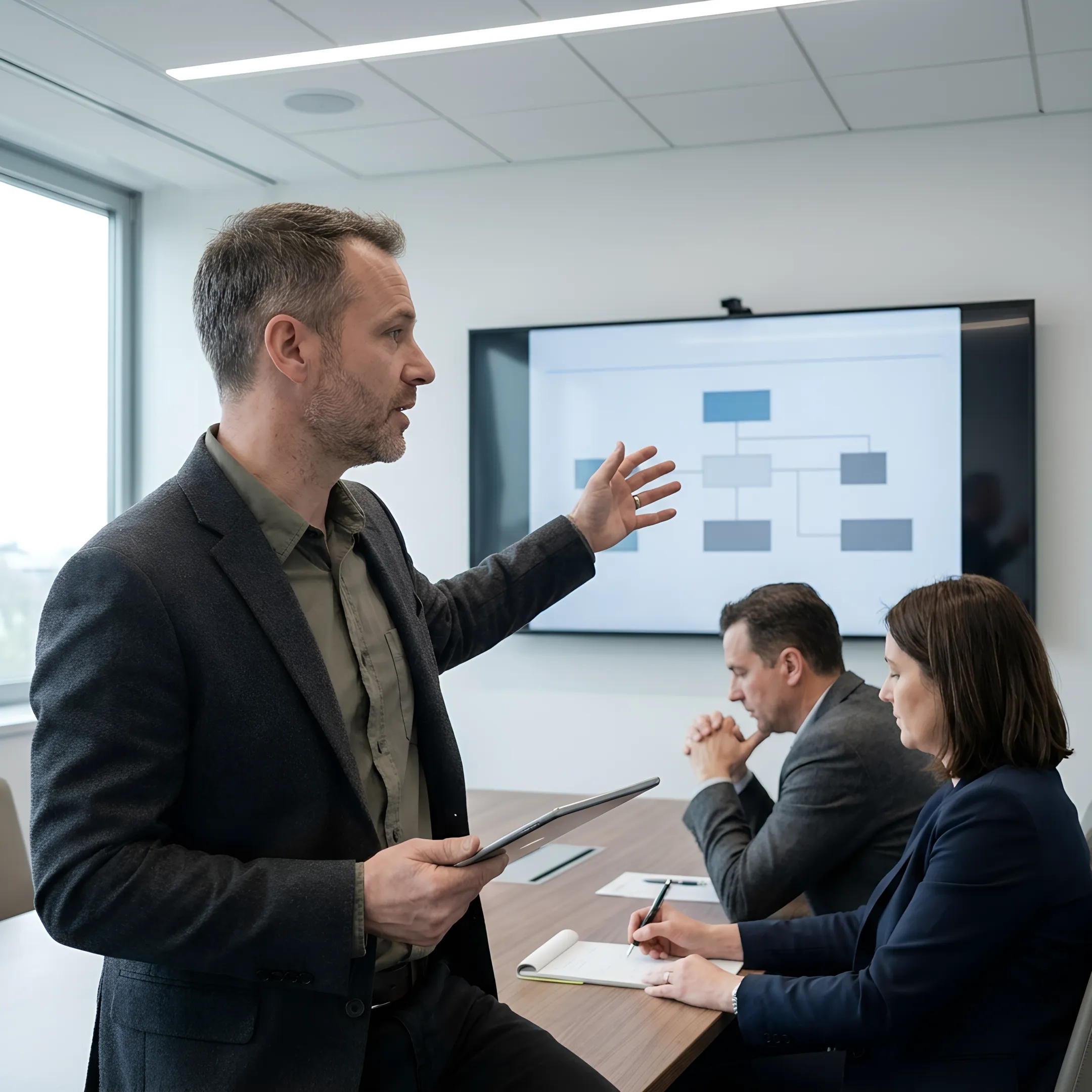 Consultant explaining cloud security strategy on a monitor
