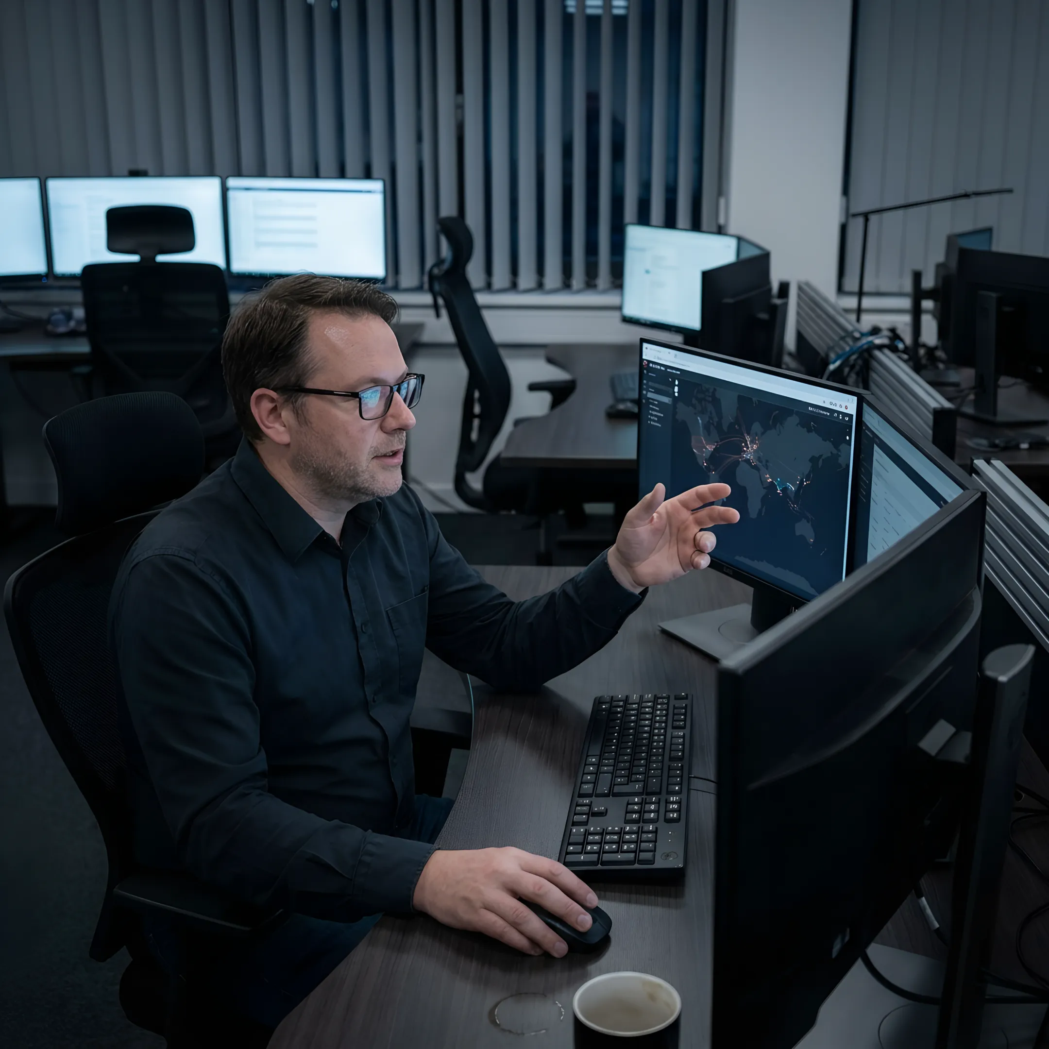 Cybersecurity specialist analyzing threat activity on secure monitors