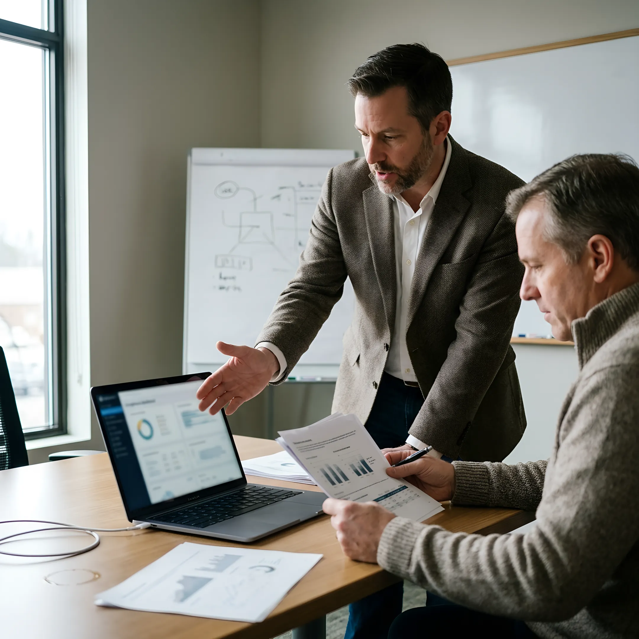 Consultant explaining PCI DSS security assessment findings to a business client