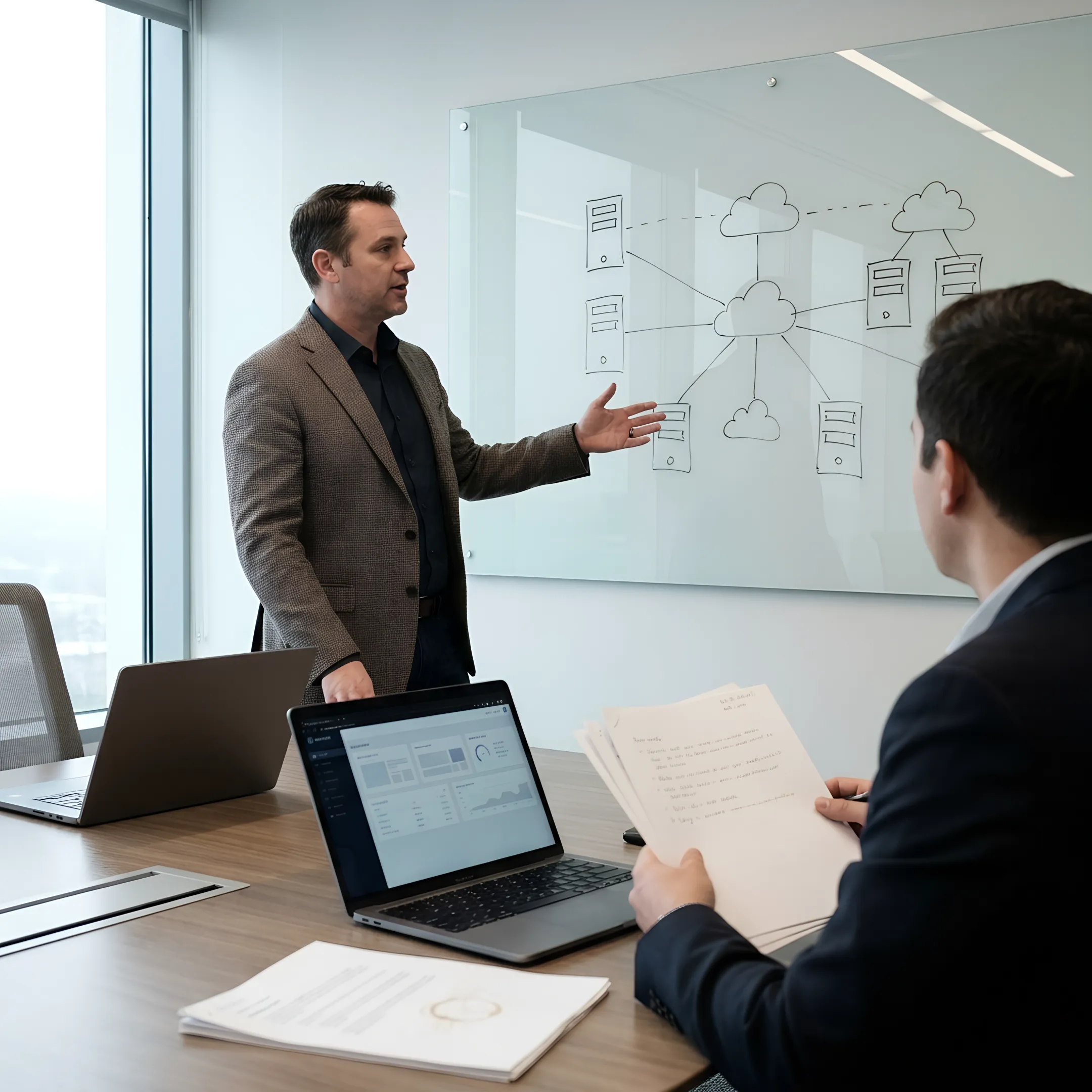 Cloud consultant presenting a secure hybrid infrastructure strategy