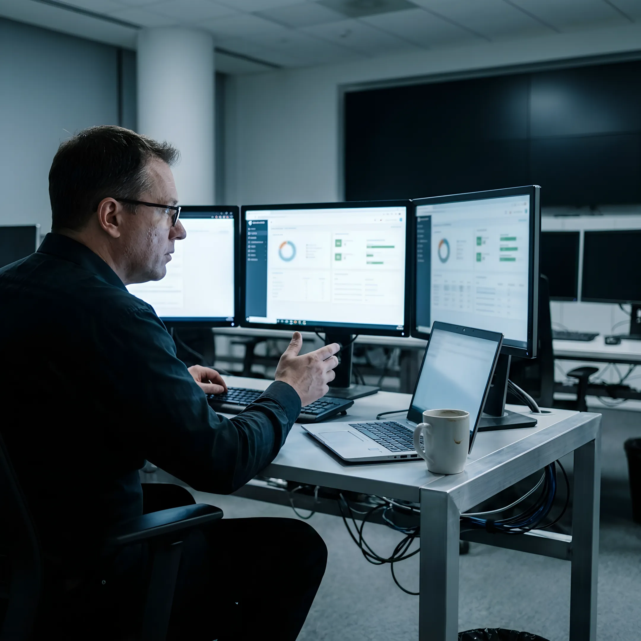Cybersecurity professional reviewing managed security alerts and threat activity