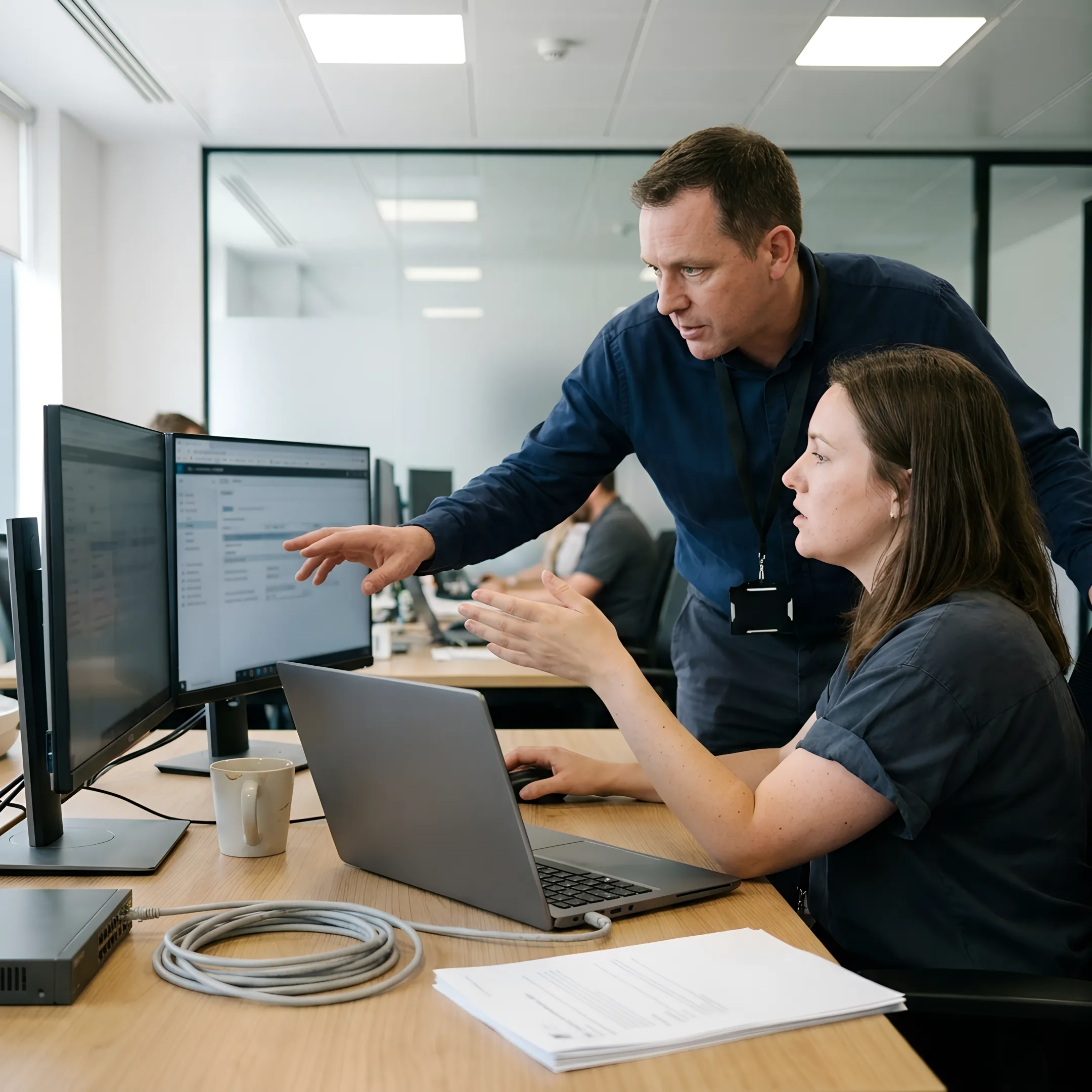 IT professional helping a business employee with a computer issue