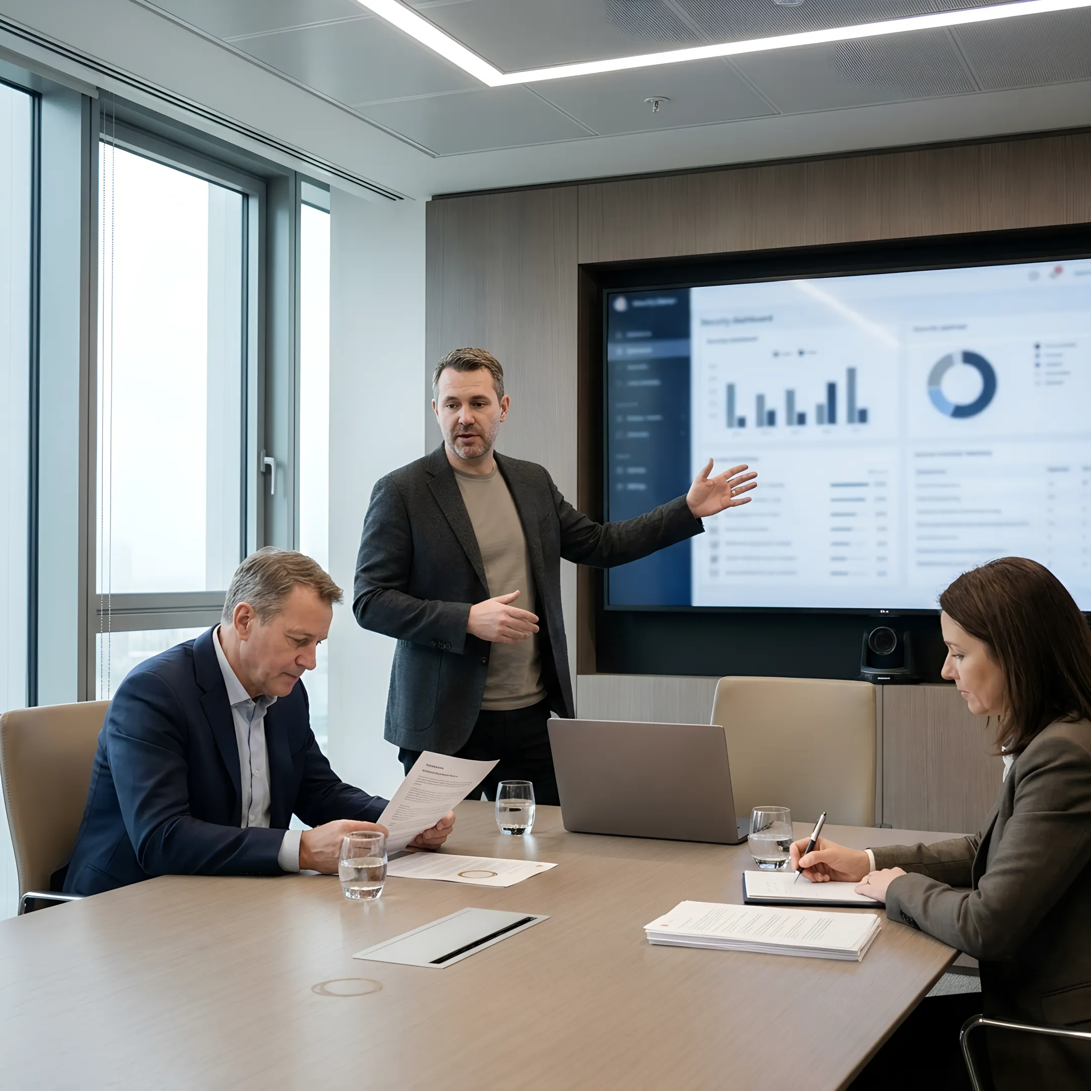 Security consultant reviewing penetration testing findings with a business client