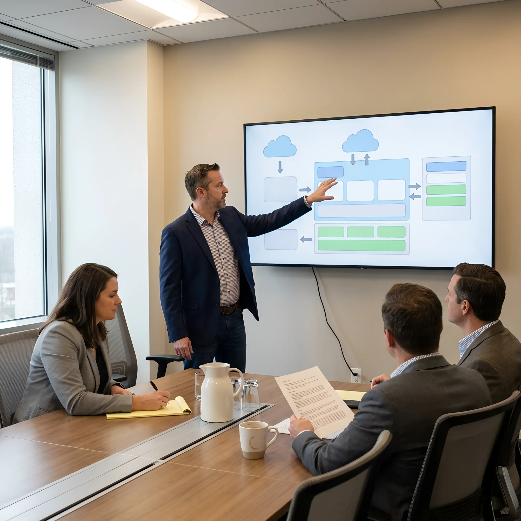 Technology consultant reviewing SharePoint migration architecture with a business team
