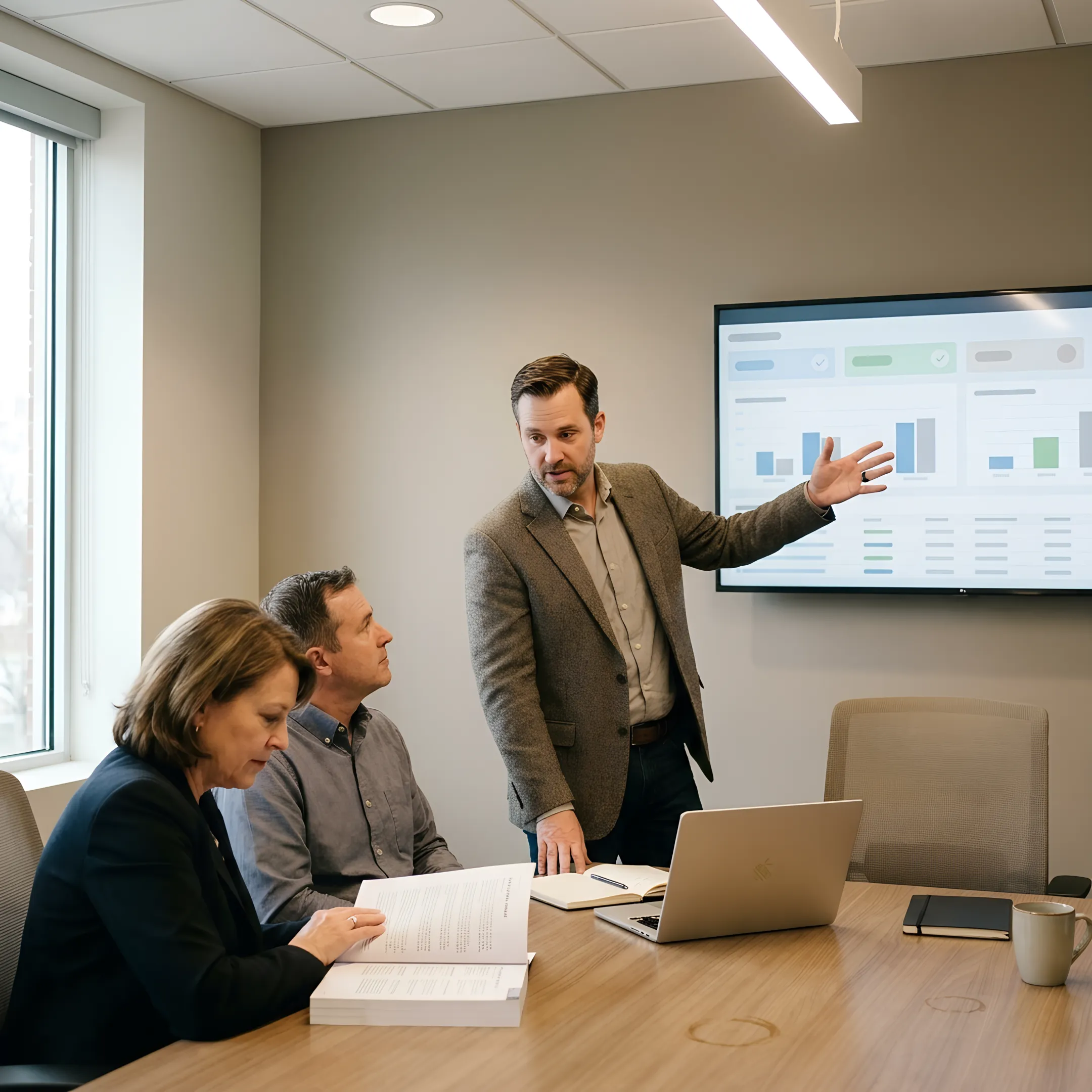 Technology advisor explaining IT compliance and cybersecurity improvements to business leaders