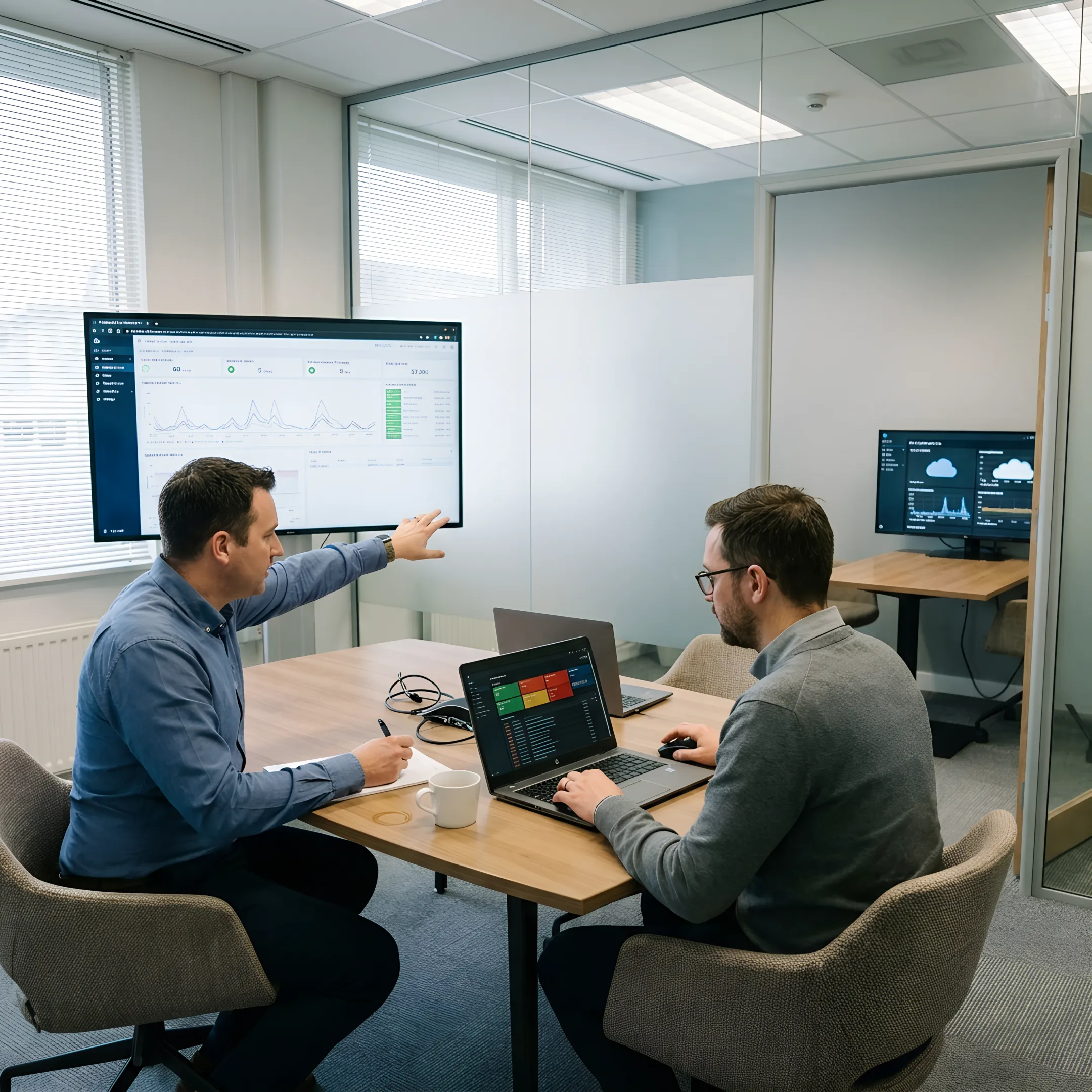 IT team reviewing managed services and cybersecurity performance dashboards