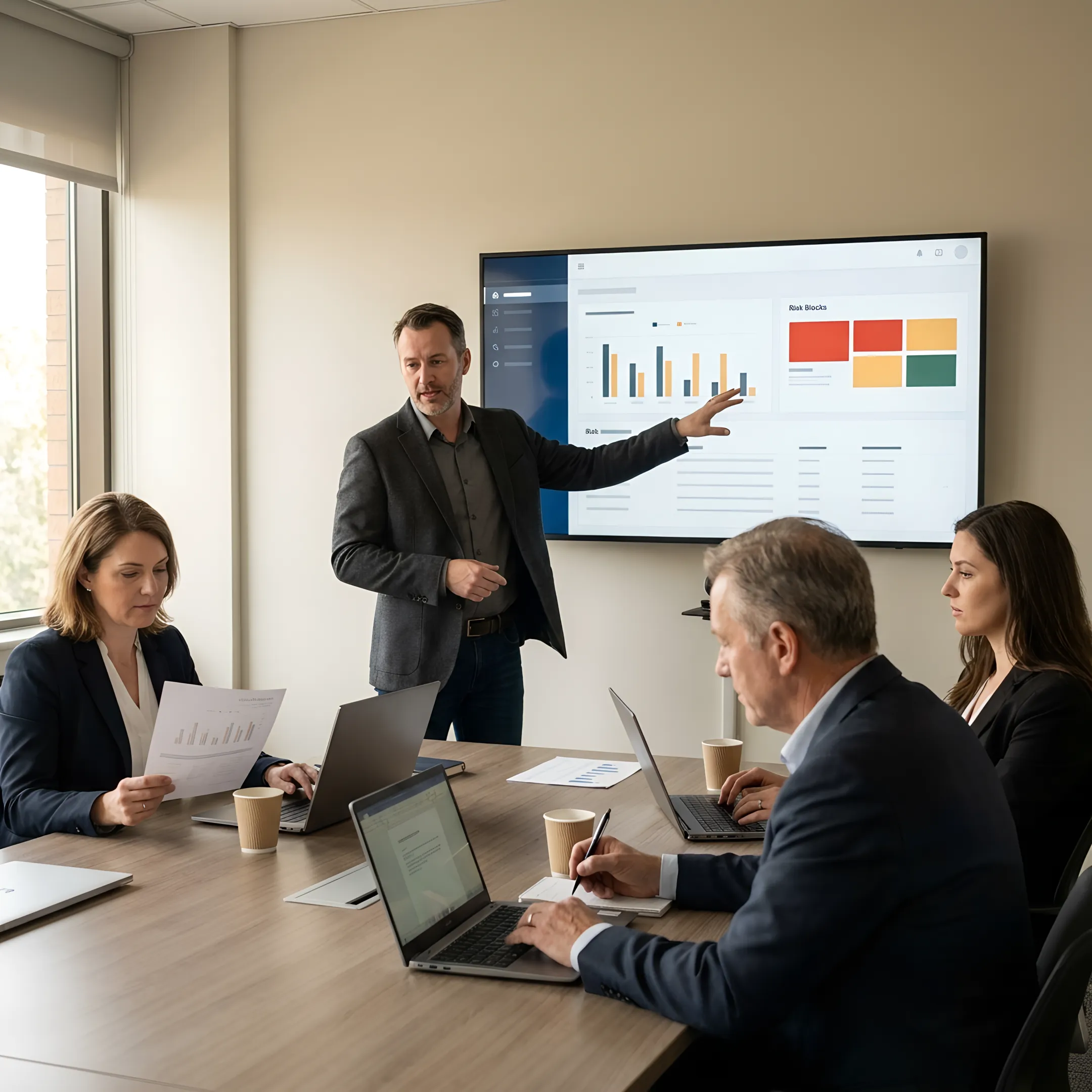 IT professional reviewing cybersecurity vulnerabilities with business team