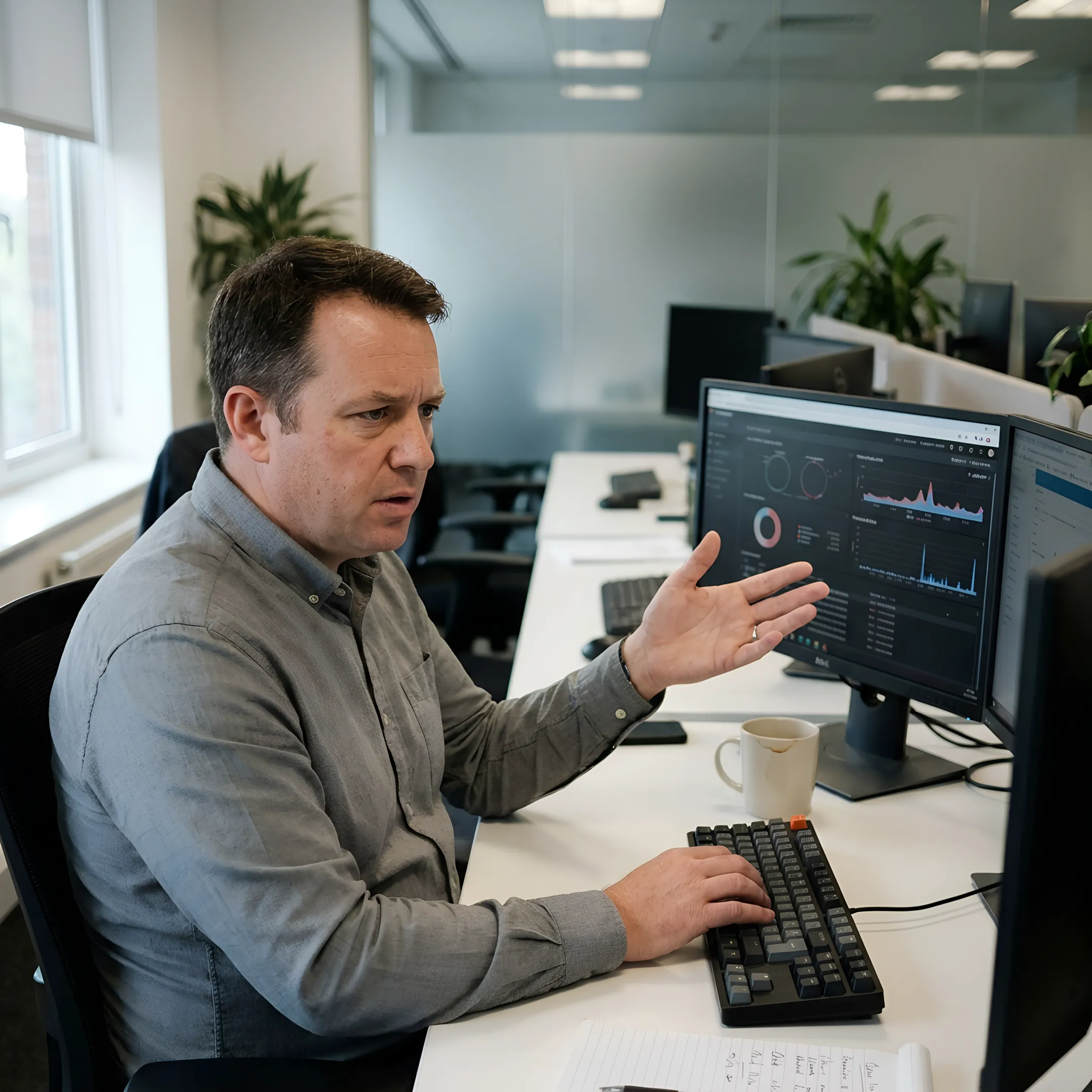 Security specialist analyzing cyber threat alerts on multiple monitors