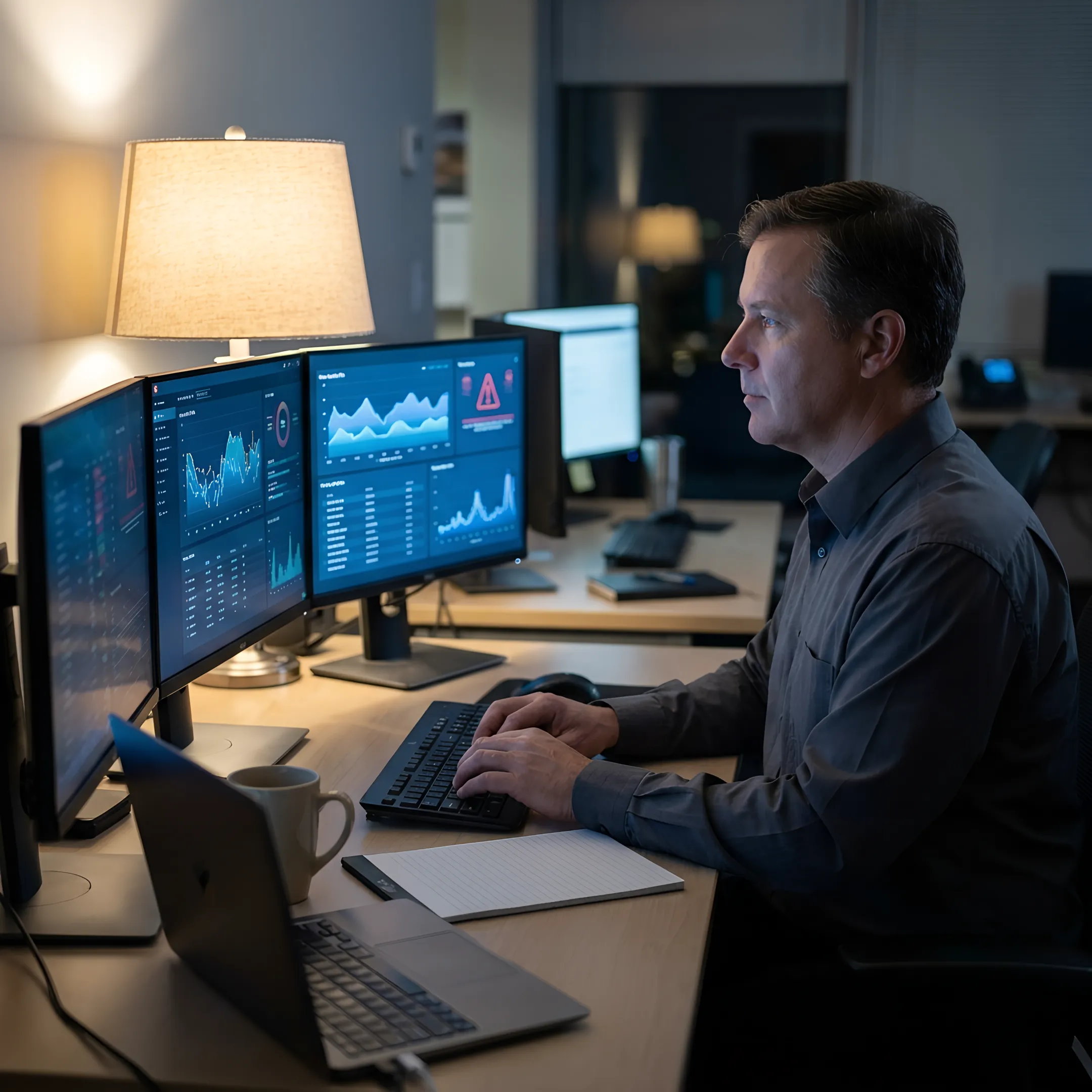 IT security professional reviewing managed firewall protection and threat alerts