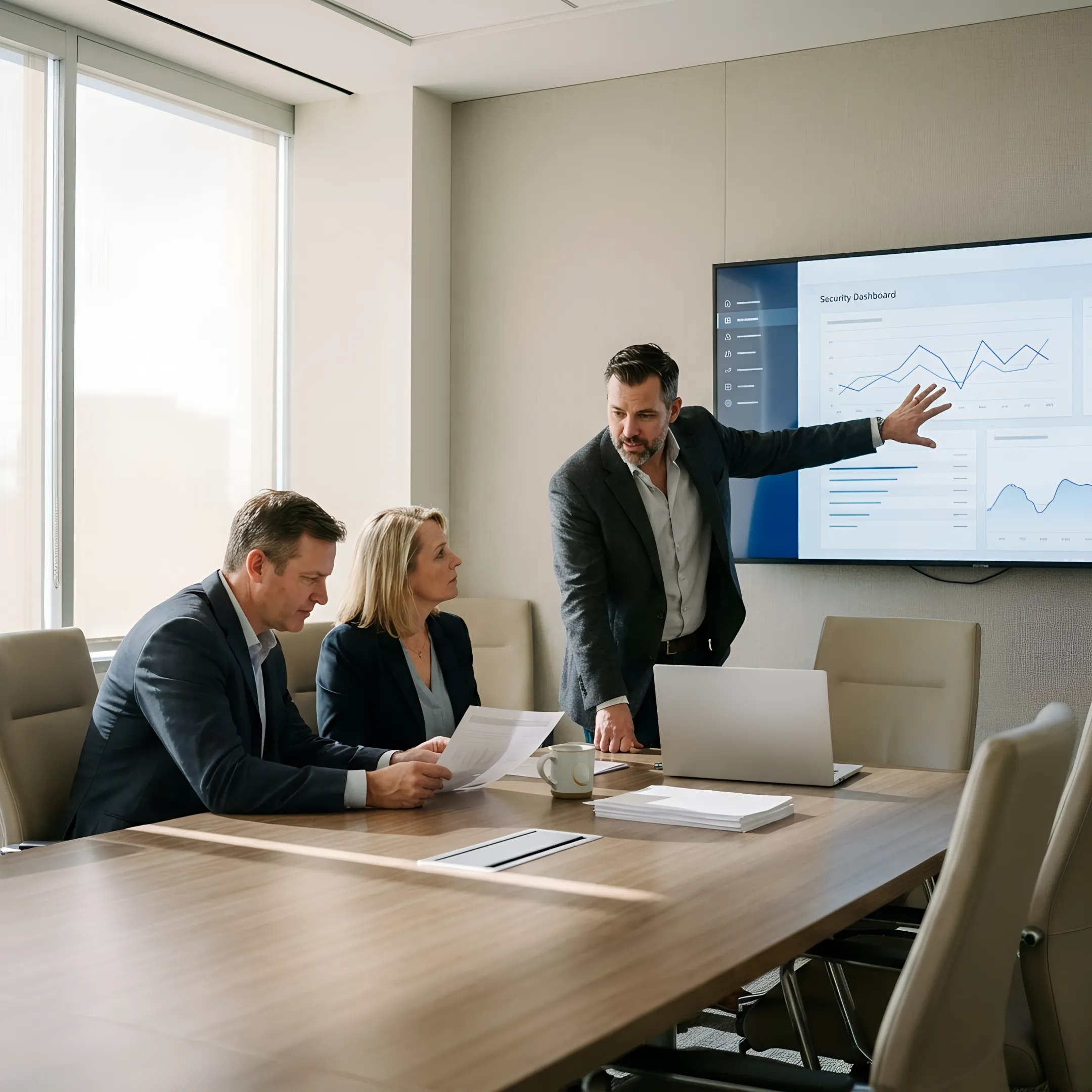 Consultant explaining managed security pricing and protection options to business leaders