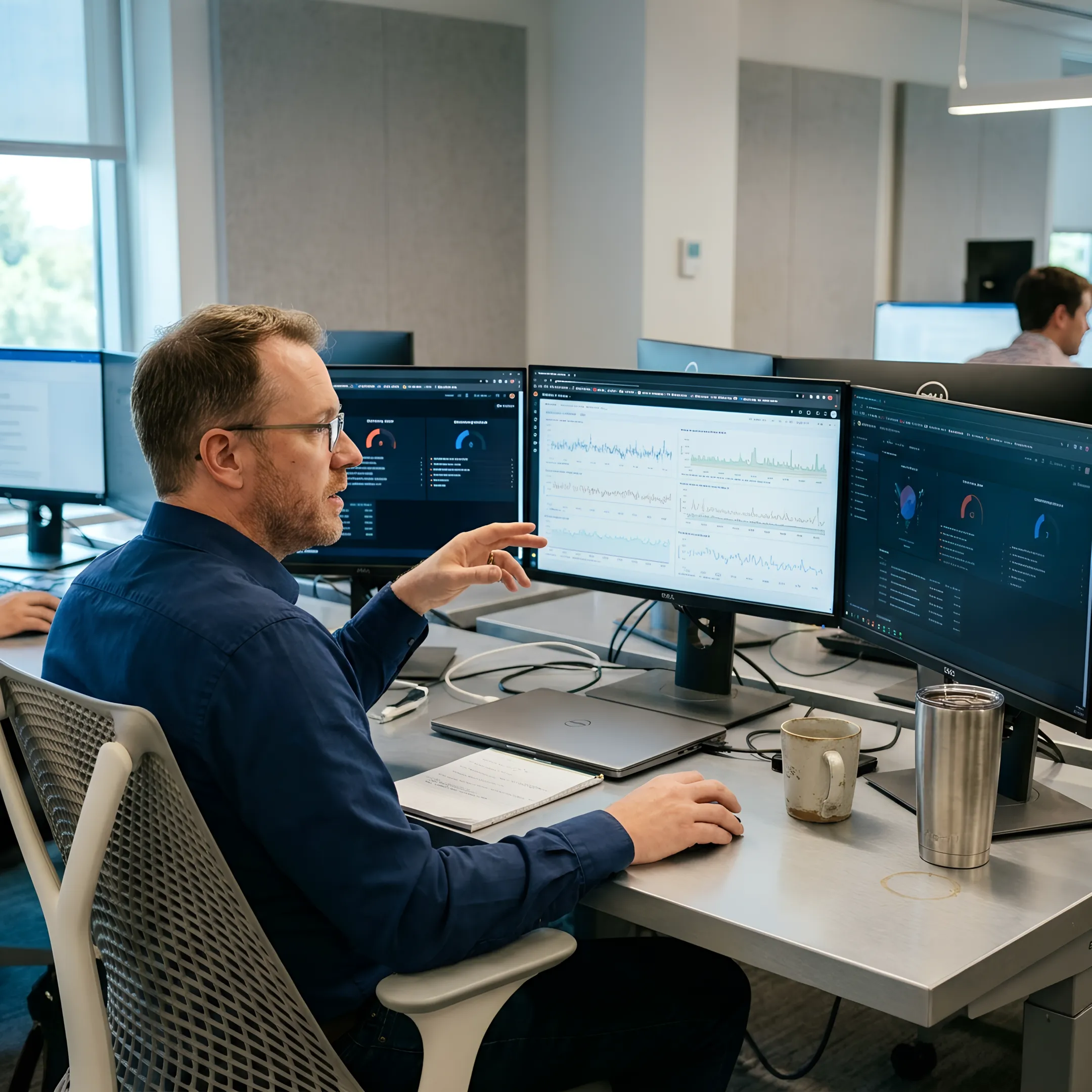 IT professional reviewing a small business technology dashboard