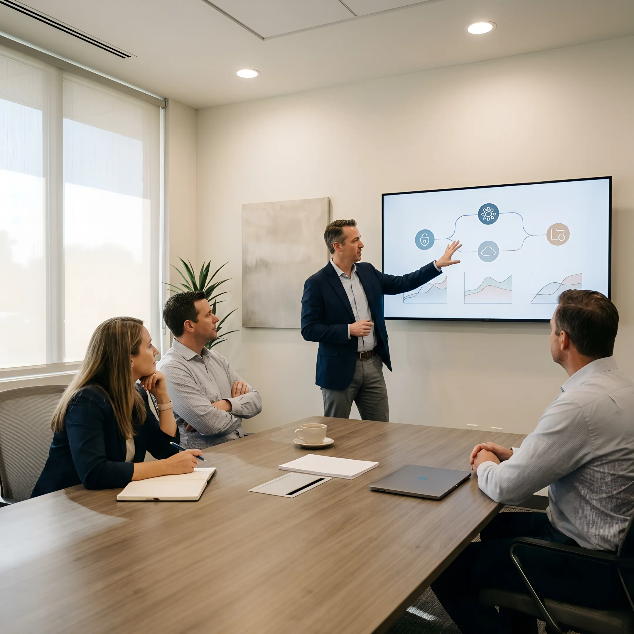 Technology consultant presenting a strategic IT roadmap to business leaders